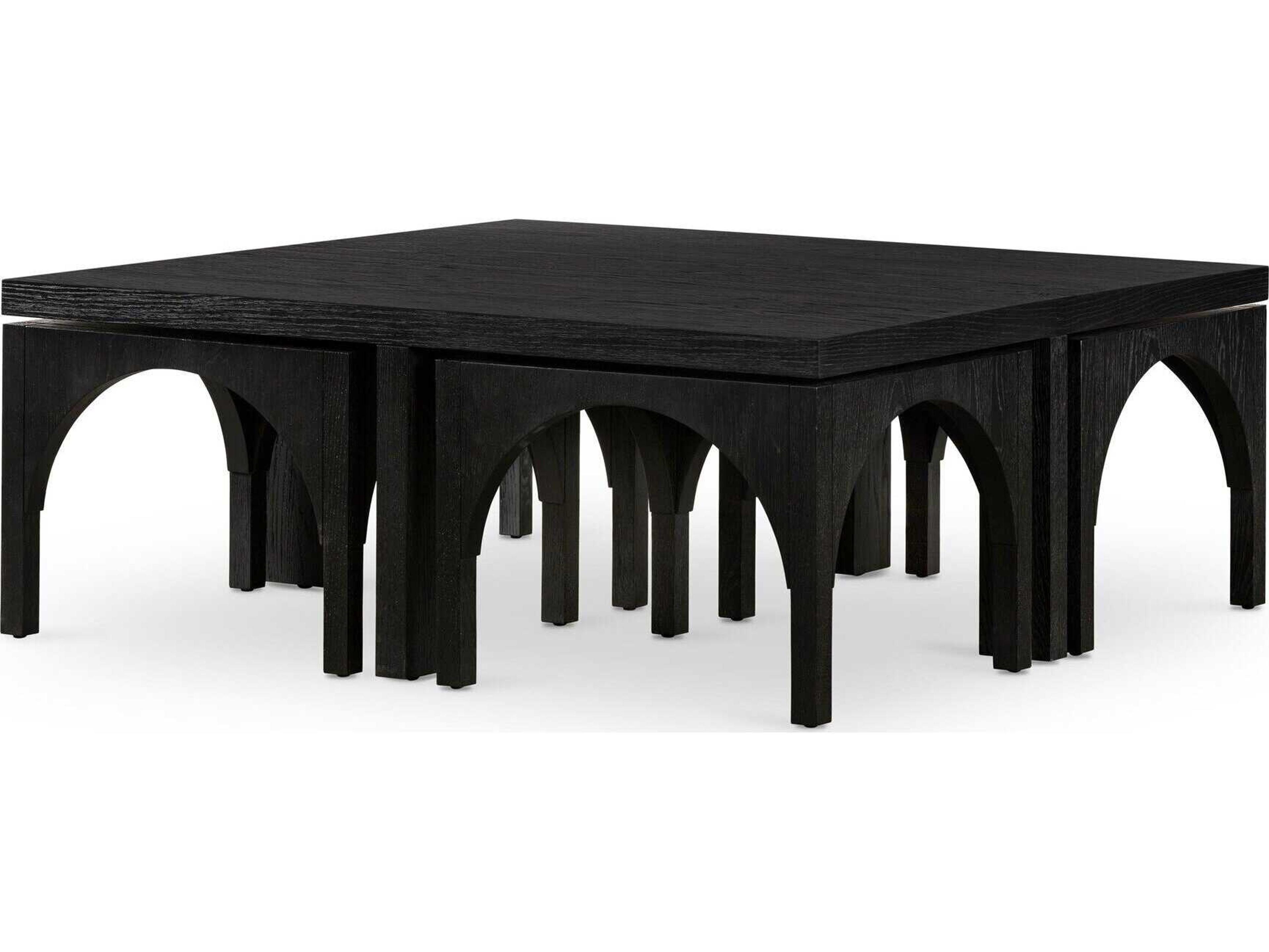 Four Hands Clara Amara Square Wood Black Oak Coffee Table with Nesting Stools