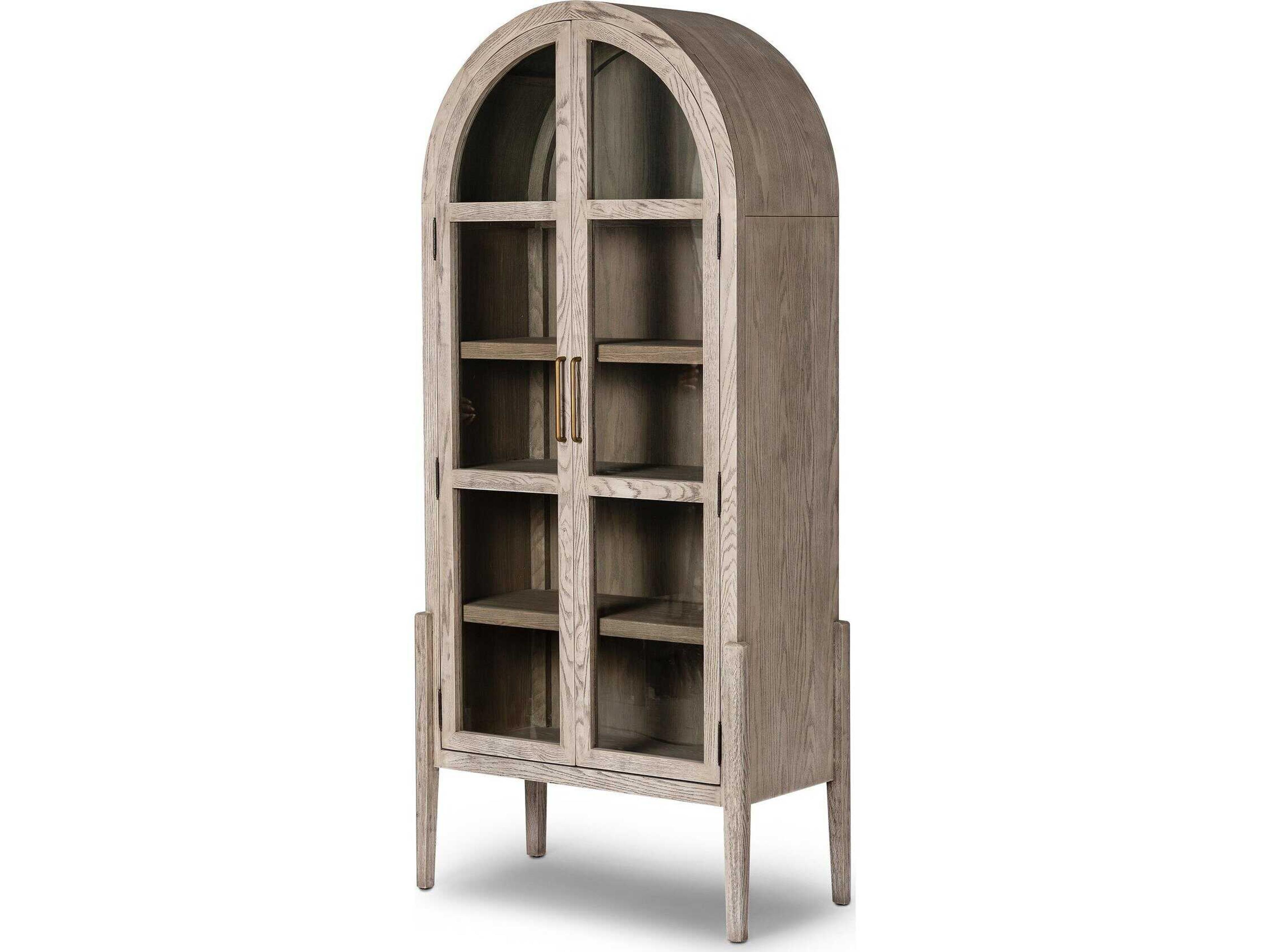 Four Hands Irondale Tolle Oak Wood Warm Natural Rustic White Tempered Glass Antique Brass Display Cabinet