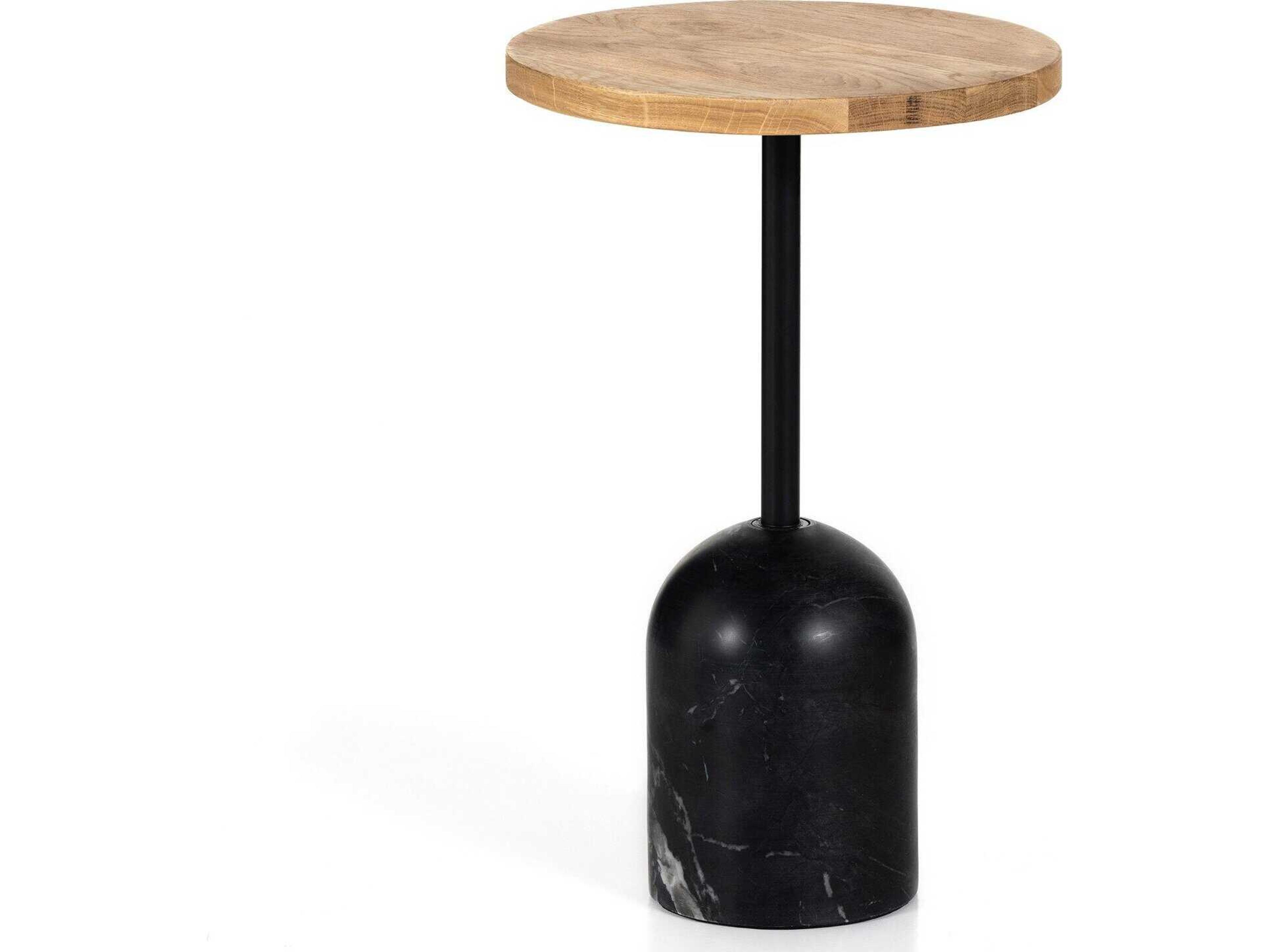 Four Hands Rockwell Fay Round Wood Black Marble Dark Kettle Natural Oak End Table