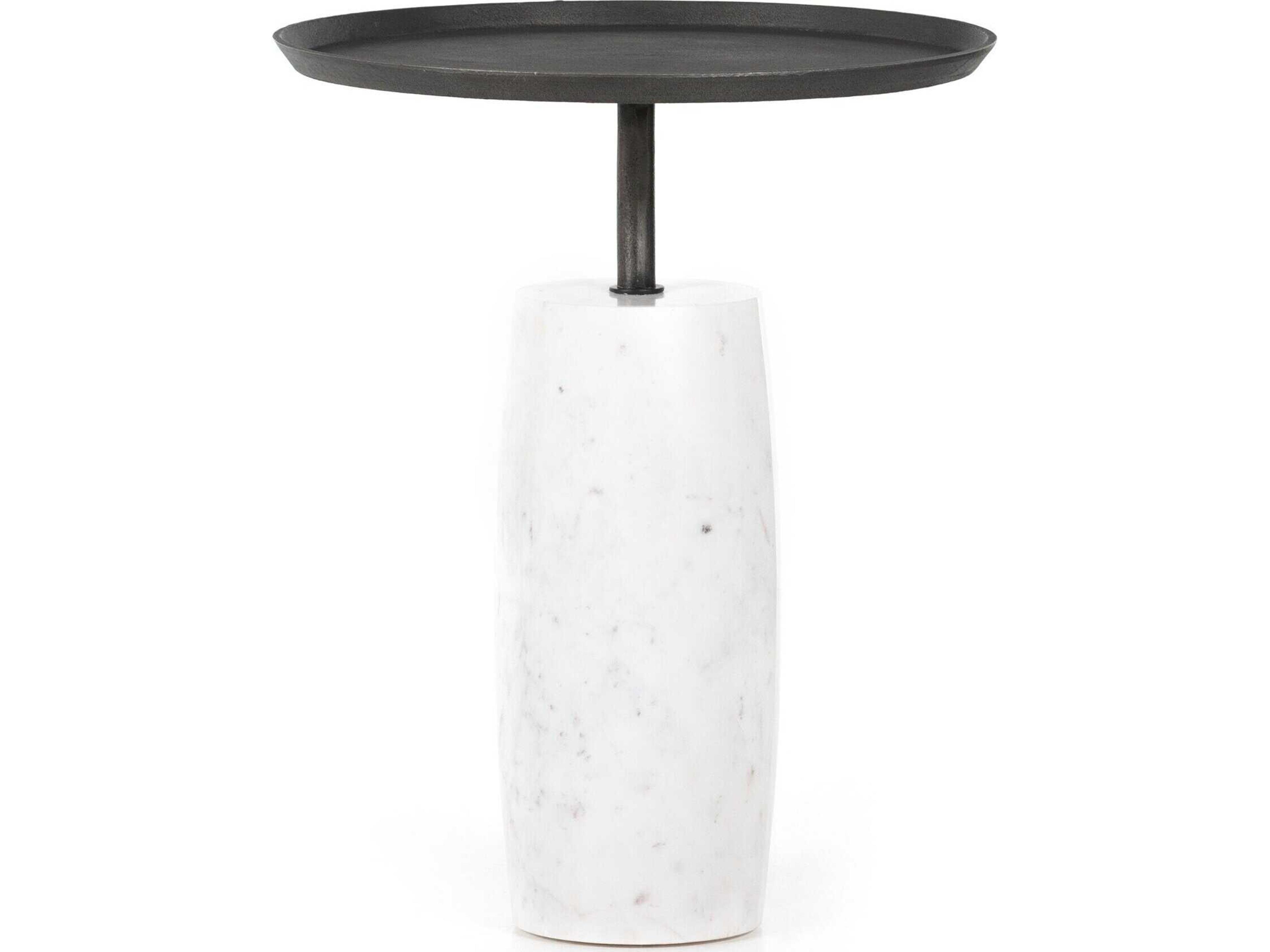 Four Hands Marlow Cronos Round Metal Polished White Marble Solid Hammered Grey End Table