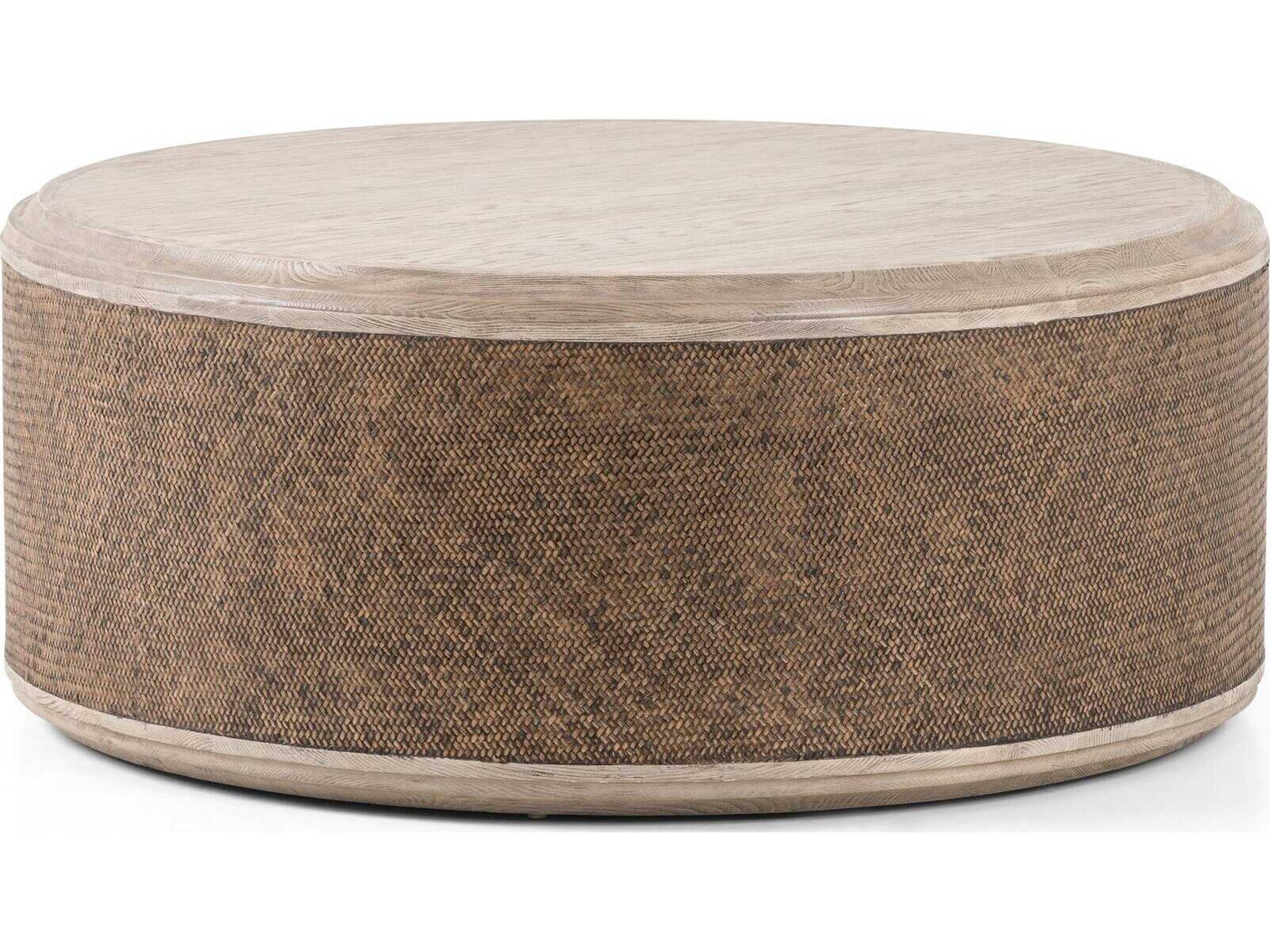 Four Hands Hughes Kiara Round Wood Weathered Blonde Pine Rustic Rattan Coffee Table