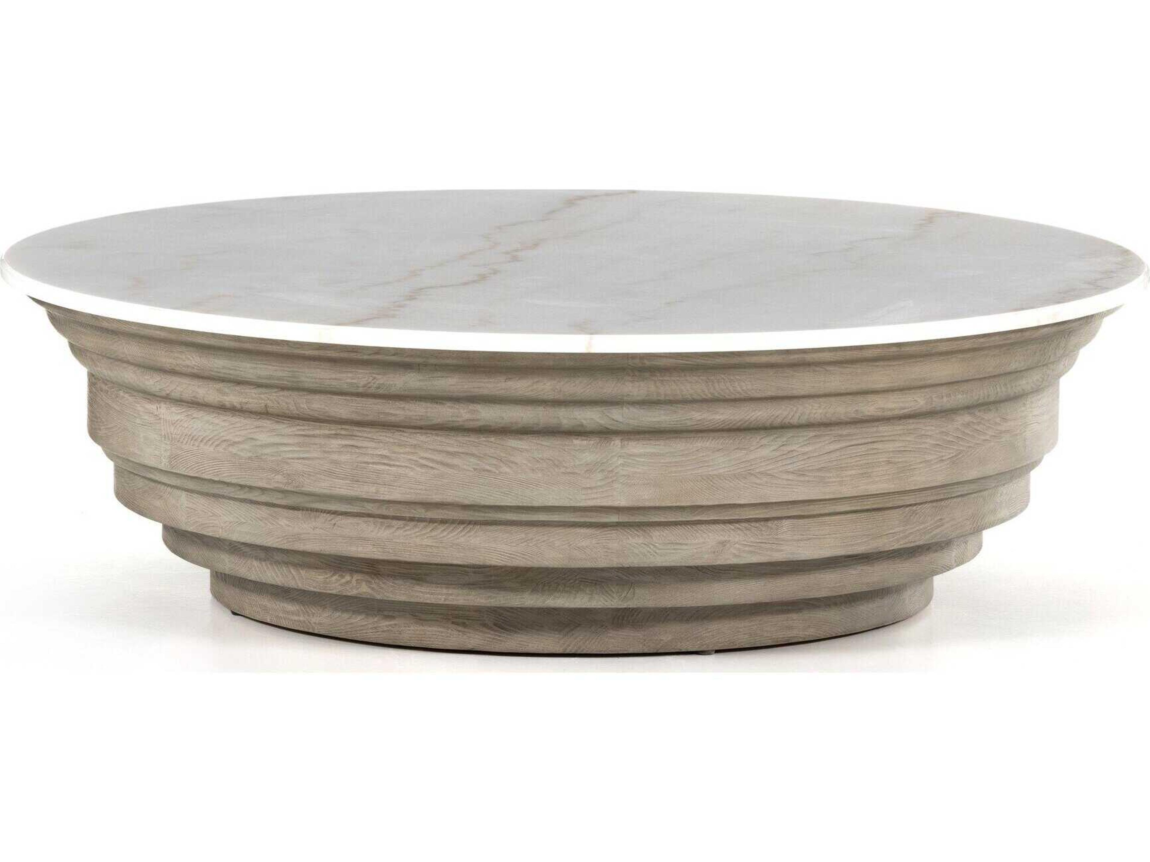 Four Hands Hughes Caldwell Round Weathered Blonde Pine White Marble Coffee Table