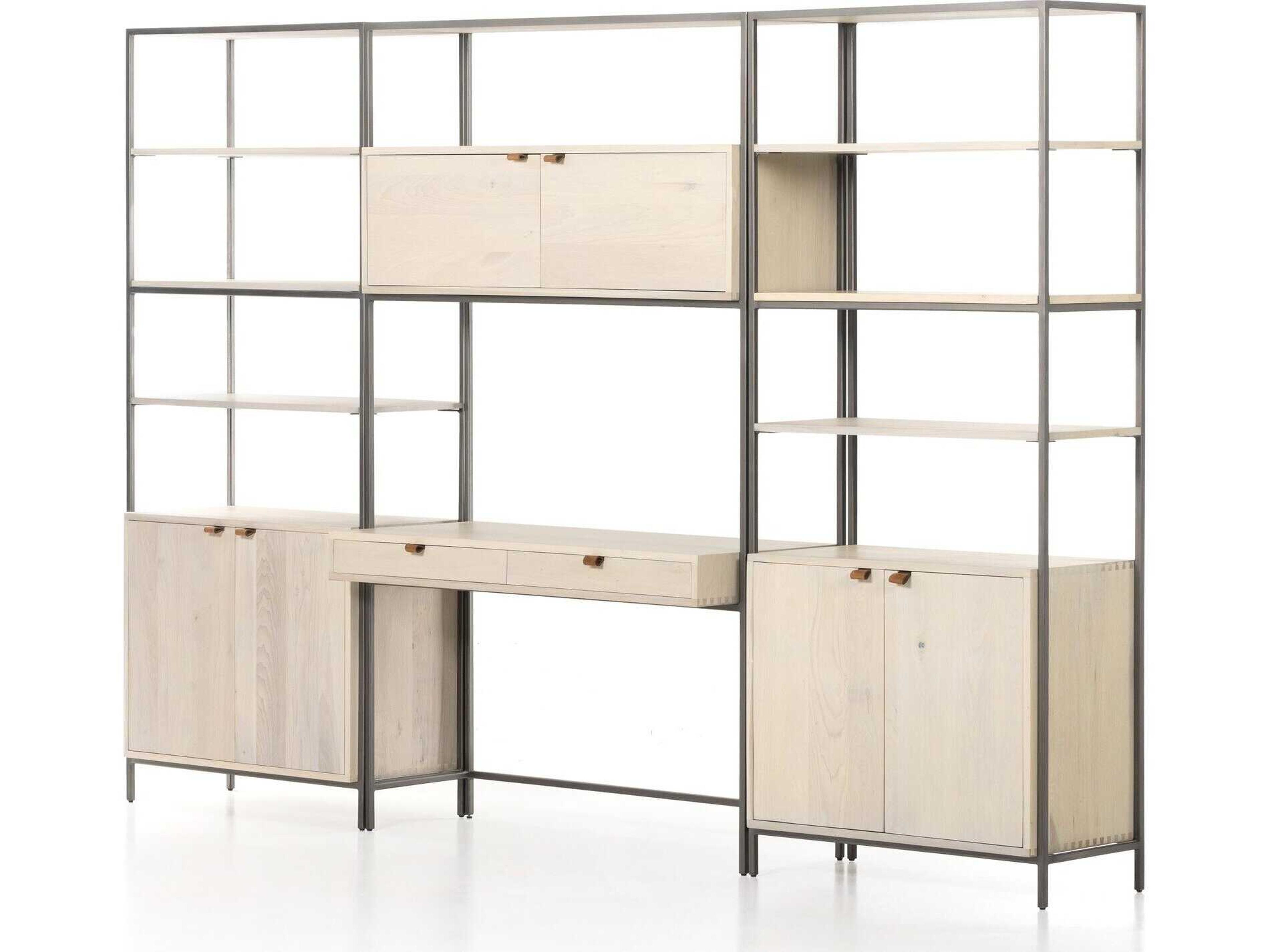 Four Hands Fulton Trey Dove Poplar Modular Wall Desk w/ 2 Bookcases
