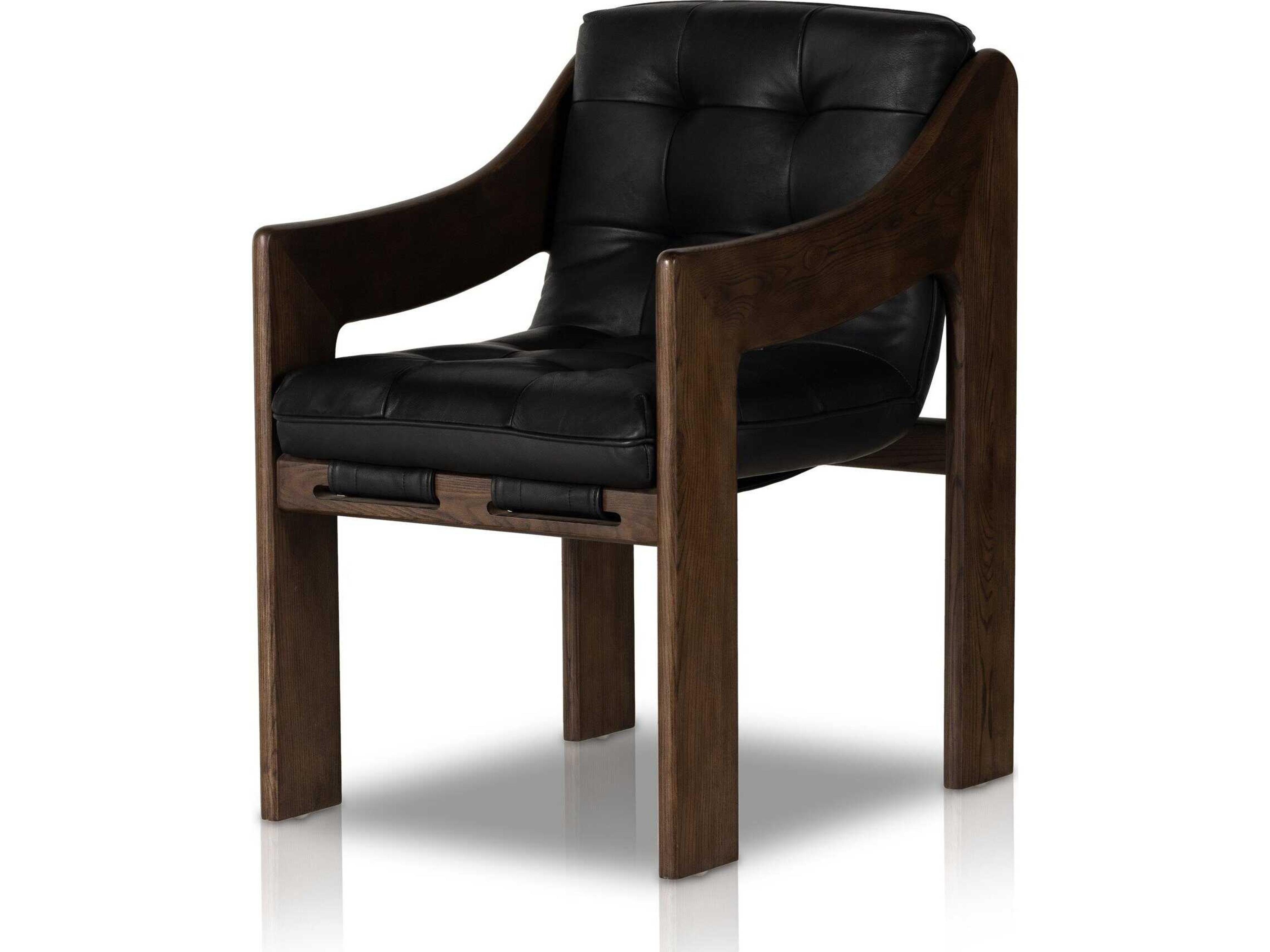 Four Hands Kensington Halston Leather Ash Wood Black Upholstered Arm Dining Chair