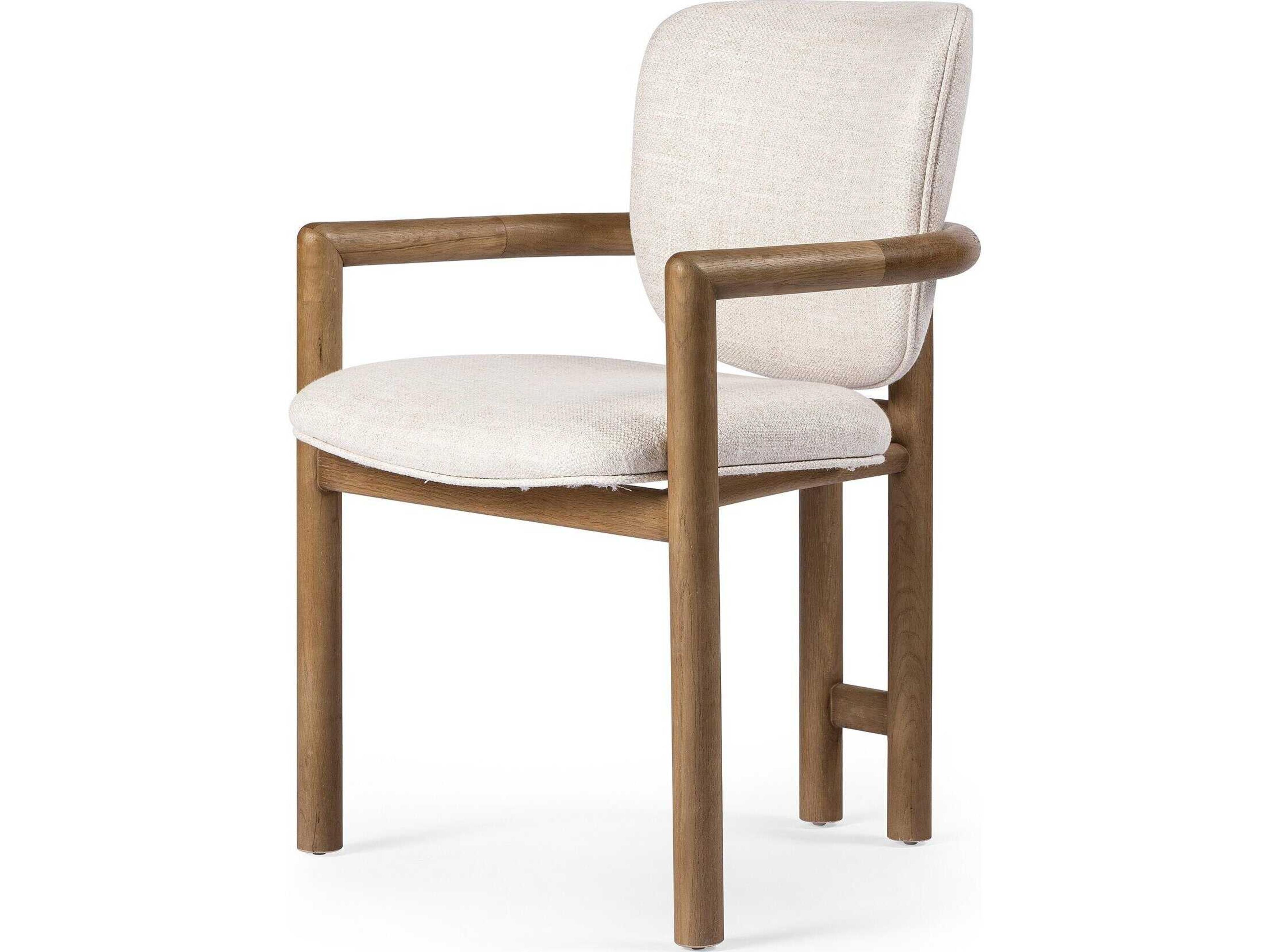 Four Hands Irondale Madeira Fabric Oak Wood Beige Upholstered Arm Dining Chair