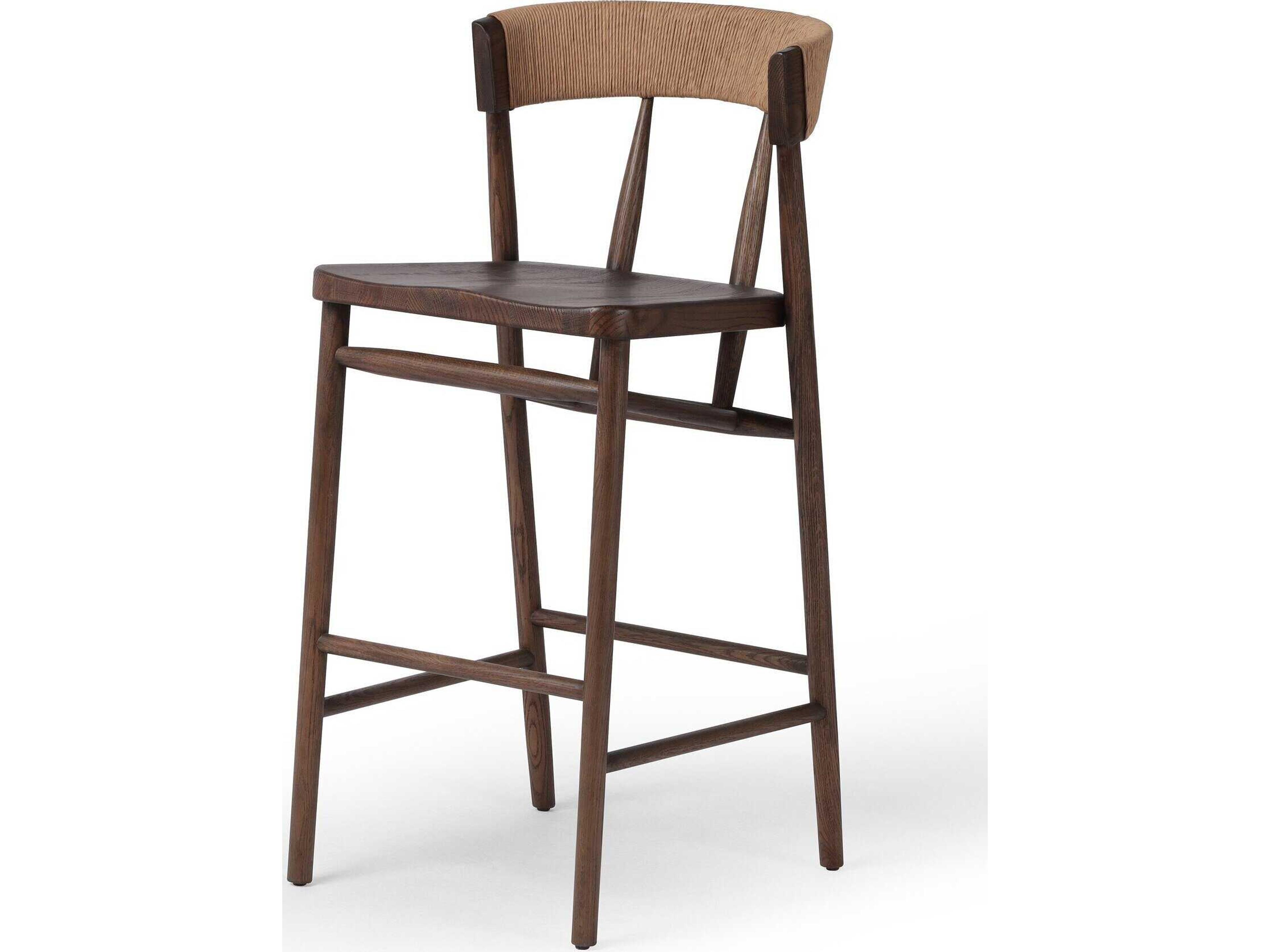 Four Hands Allston Buxton Oak Wood Drifted Natural Paper Rush Bar Stool