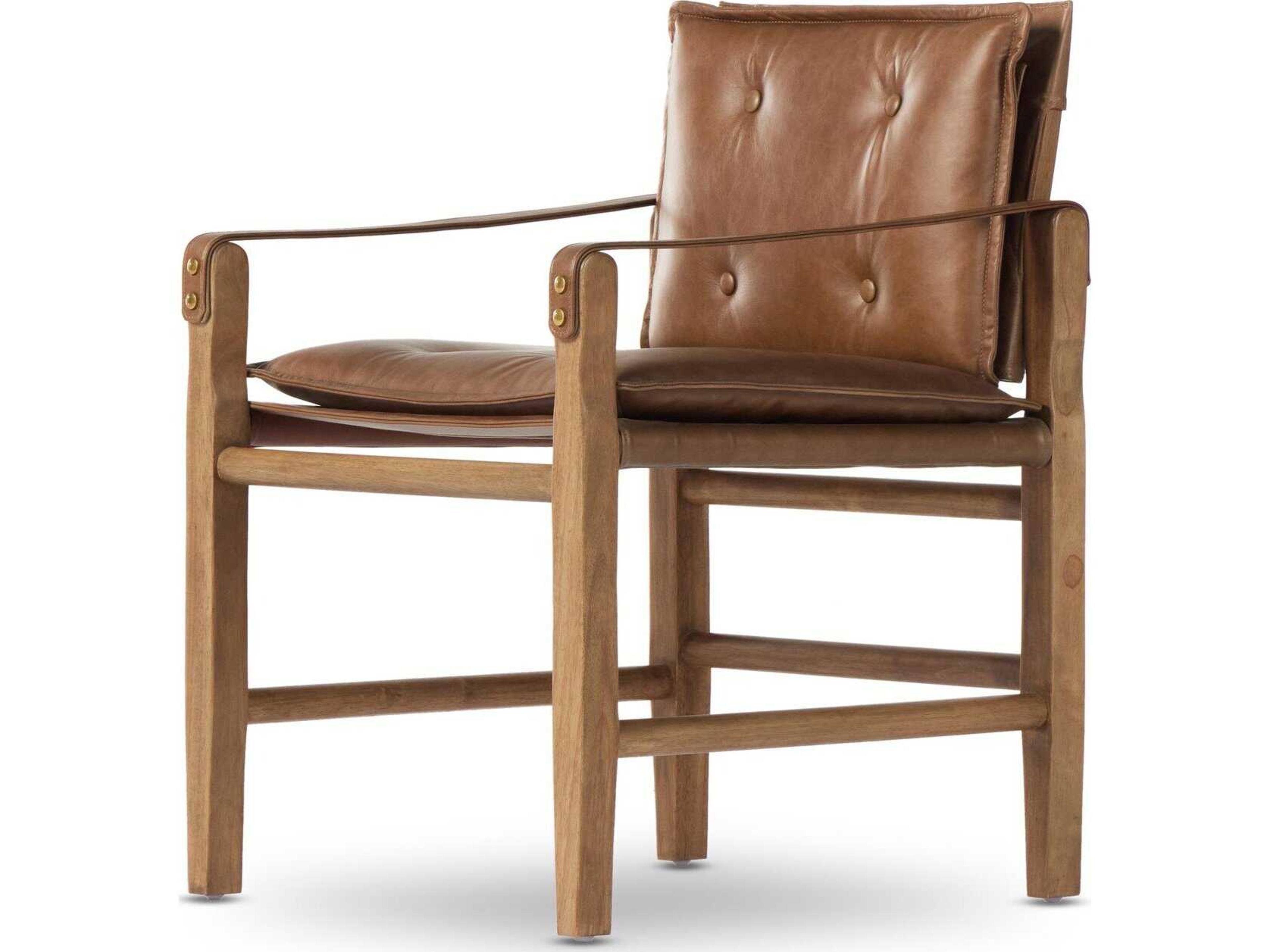 Four Hands Westgate Lenz Leather Parrawood Brown Upholstered Arm Dining Chair