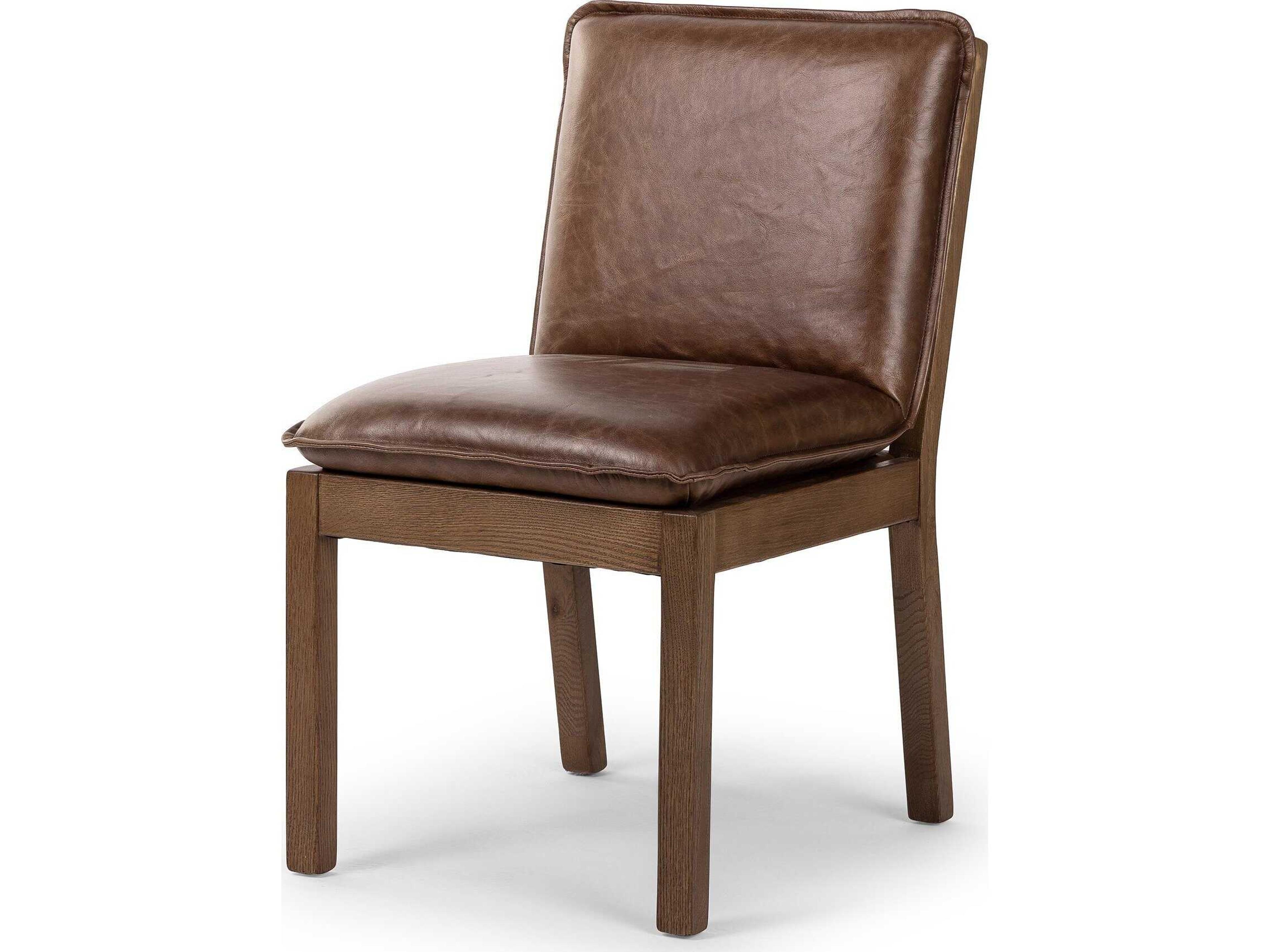 Four Hands Ashford Oak Wood Brown Leather Side Dining Chair