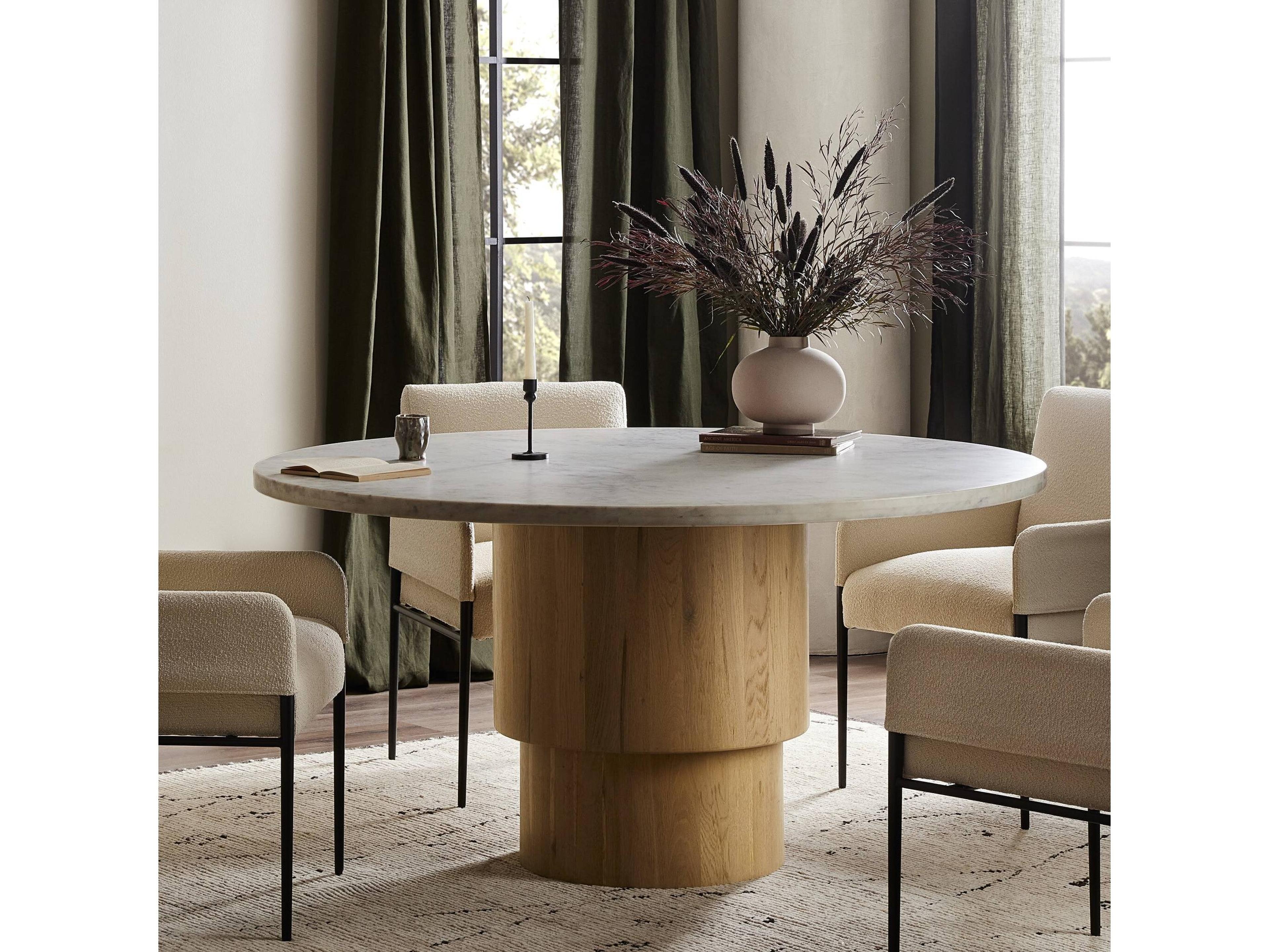 Four Hands Leighton Round White Marble Light Blonde Oak Dining Table