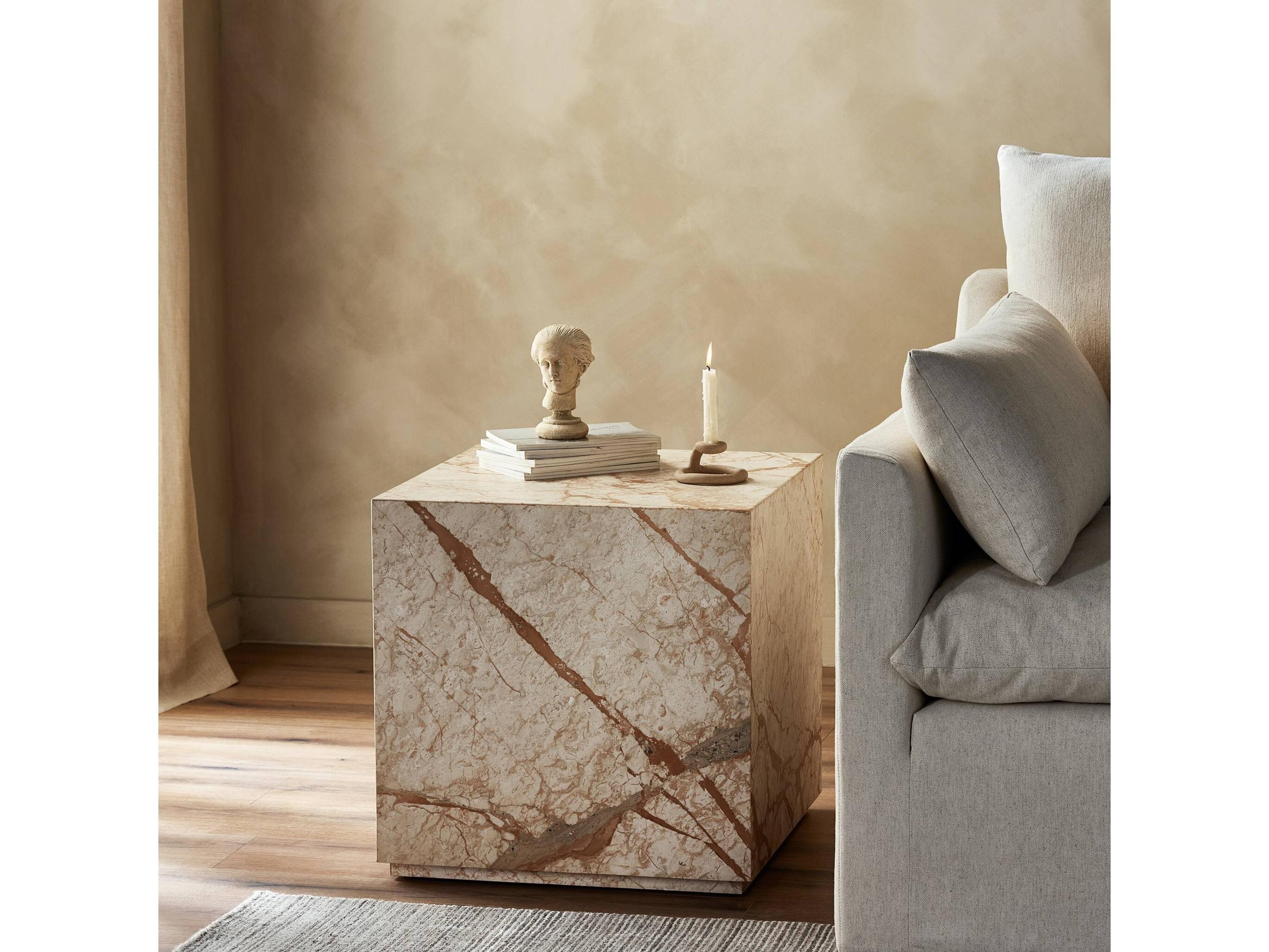 Four Hands Element Modern Marble Plinth Square Desert Taupe End Table