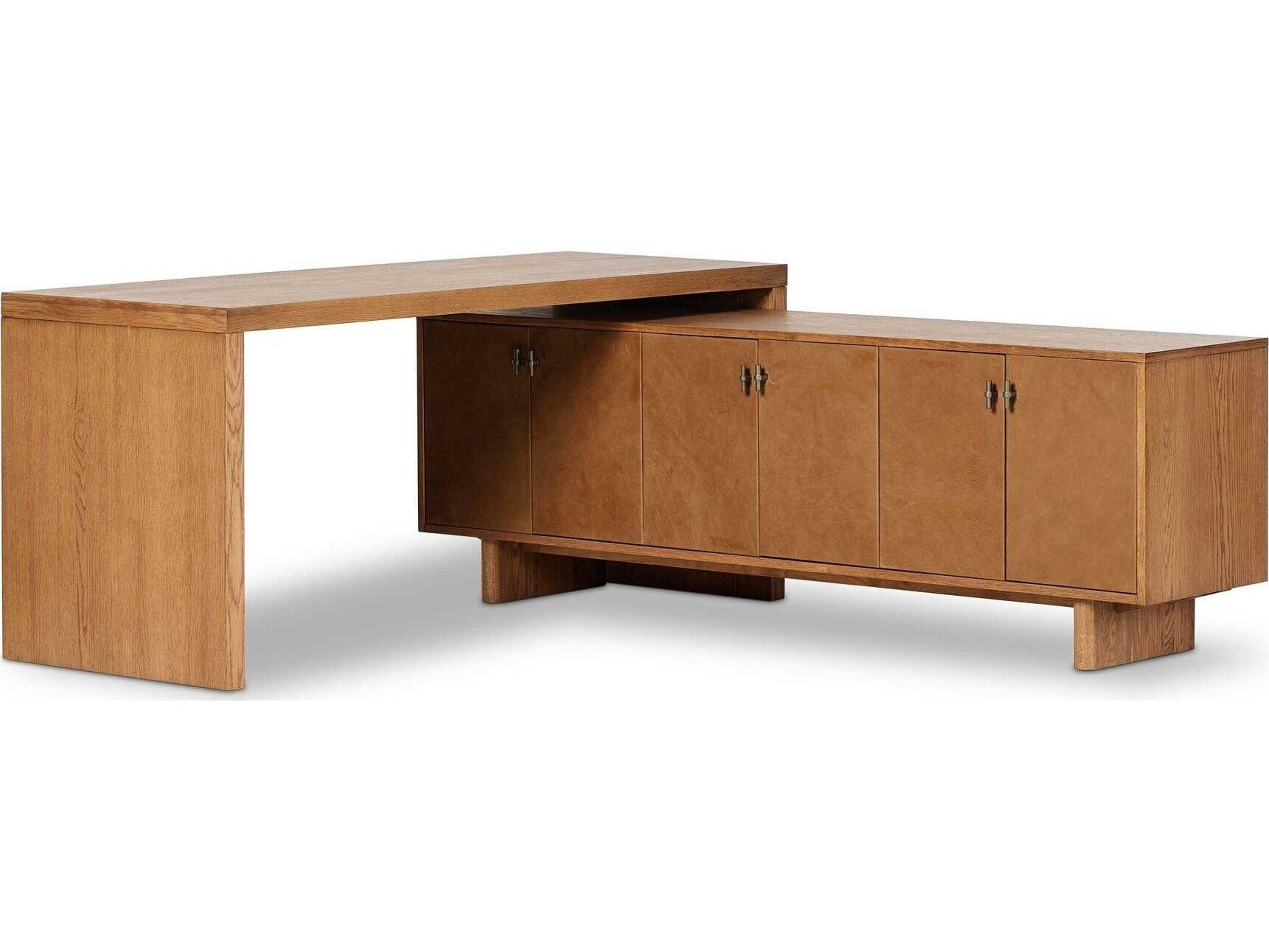 Four Hands Bolton Posada Amber Oak Palermo Cognac Gunmetal Brown Wood L-Shaped Desk