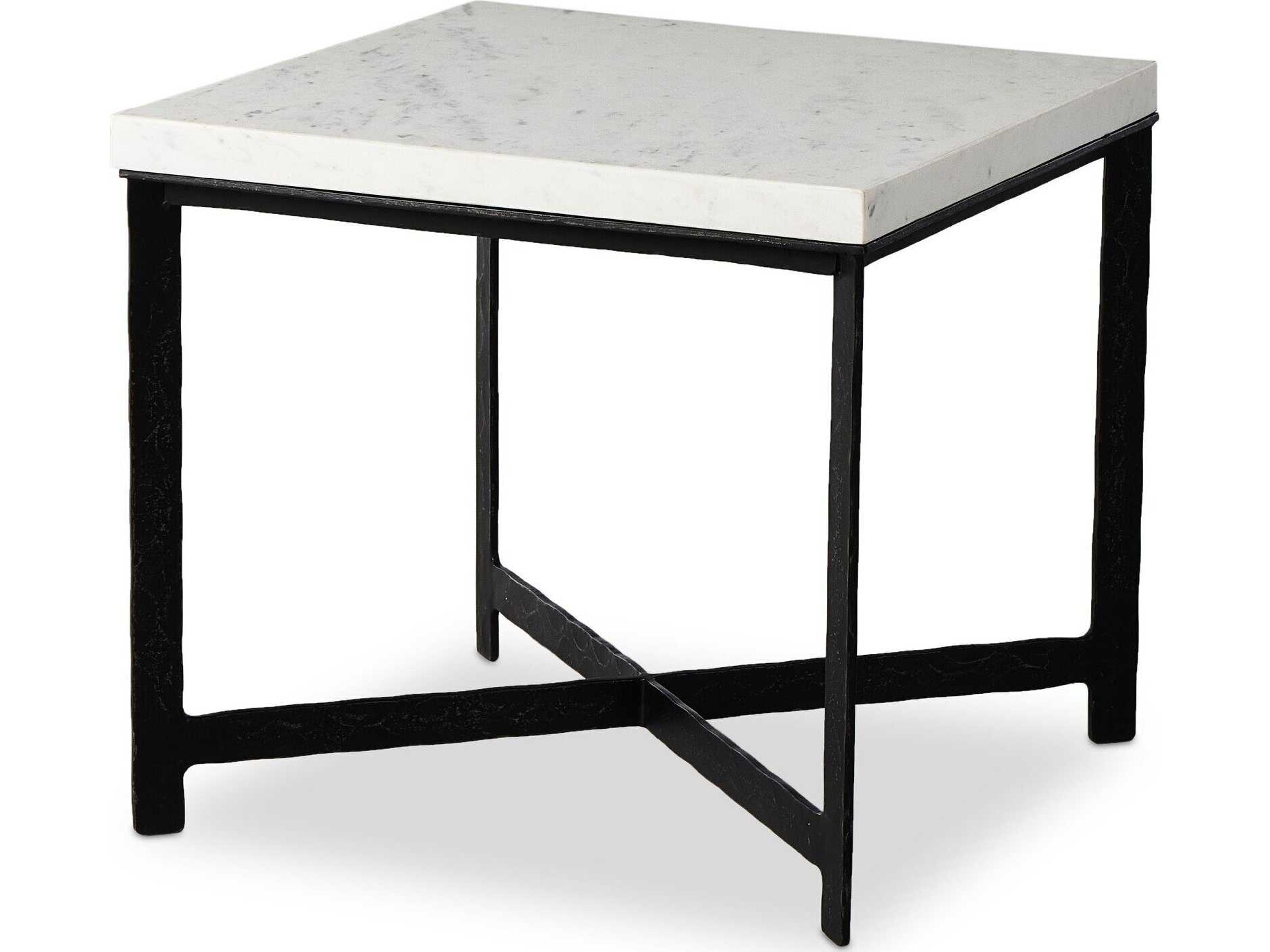 Four Hands Element Square White Marble Hammered Black Iron End Table