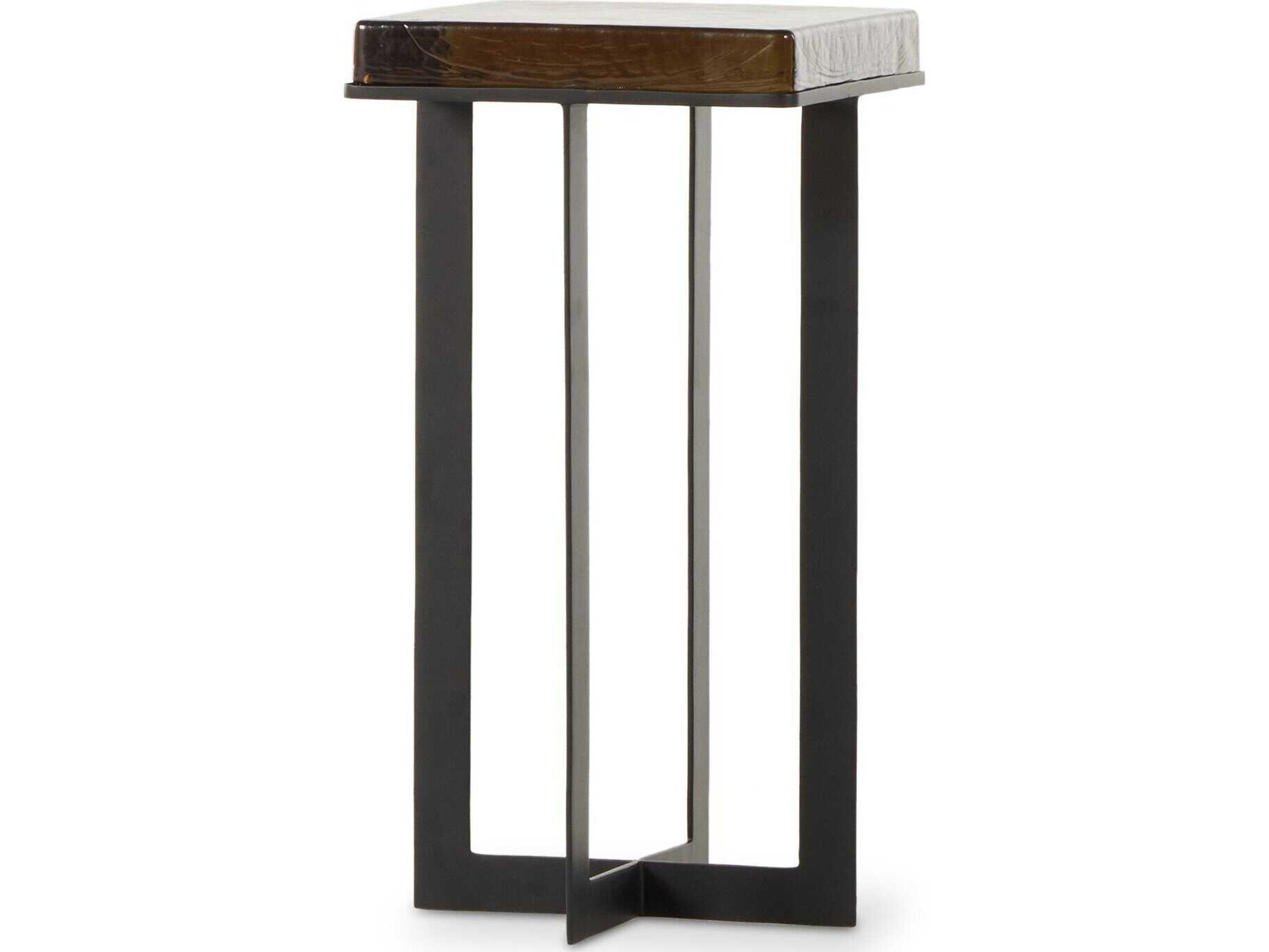 Four Hands Marlow Giselle Square Iron Matte Black Amber Cast Glass End Table