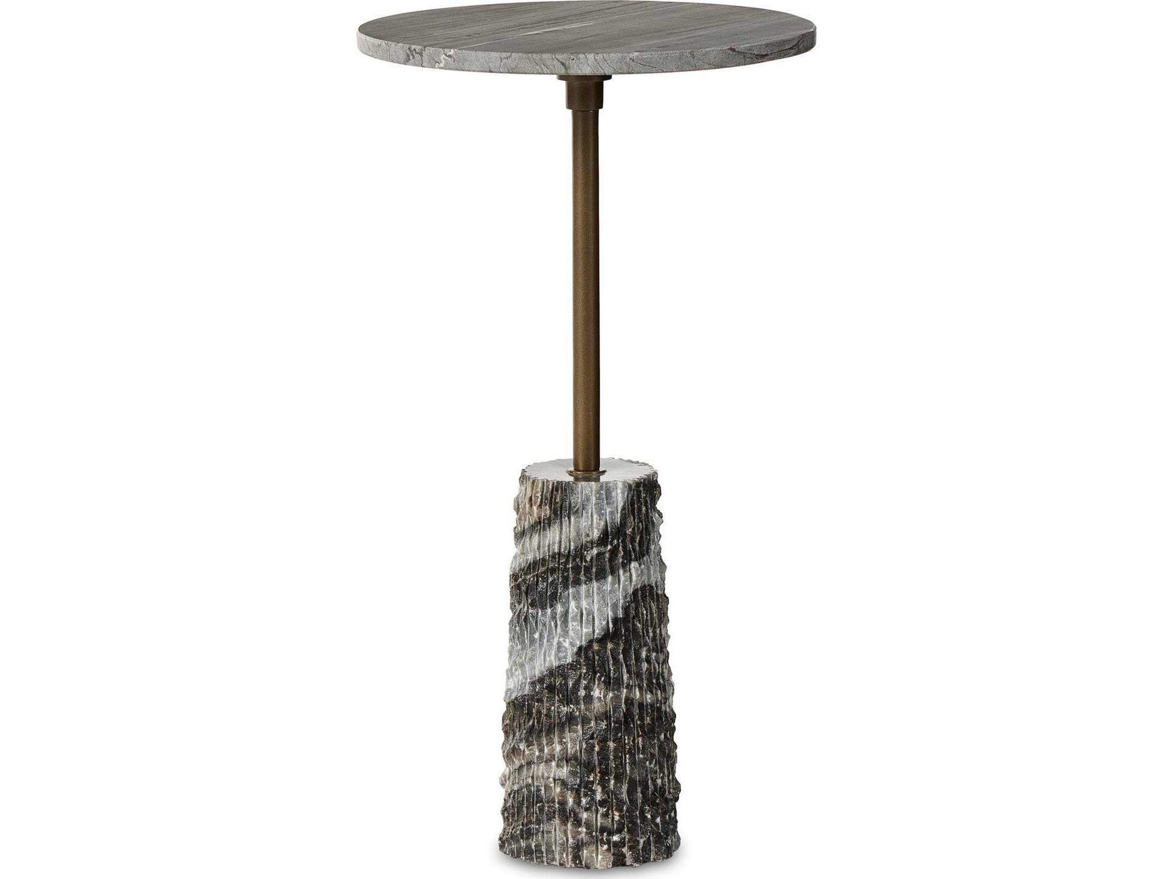 Four Hands Marlow Raven Round Ribbed Ebony Marble Antique Brass End Table