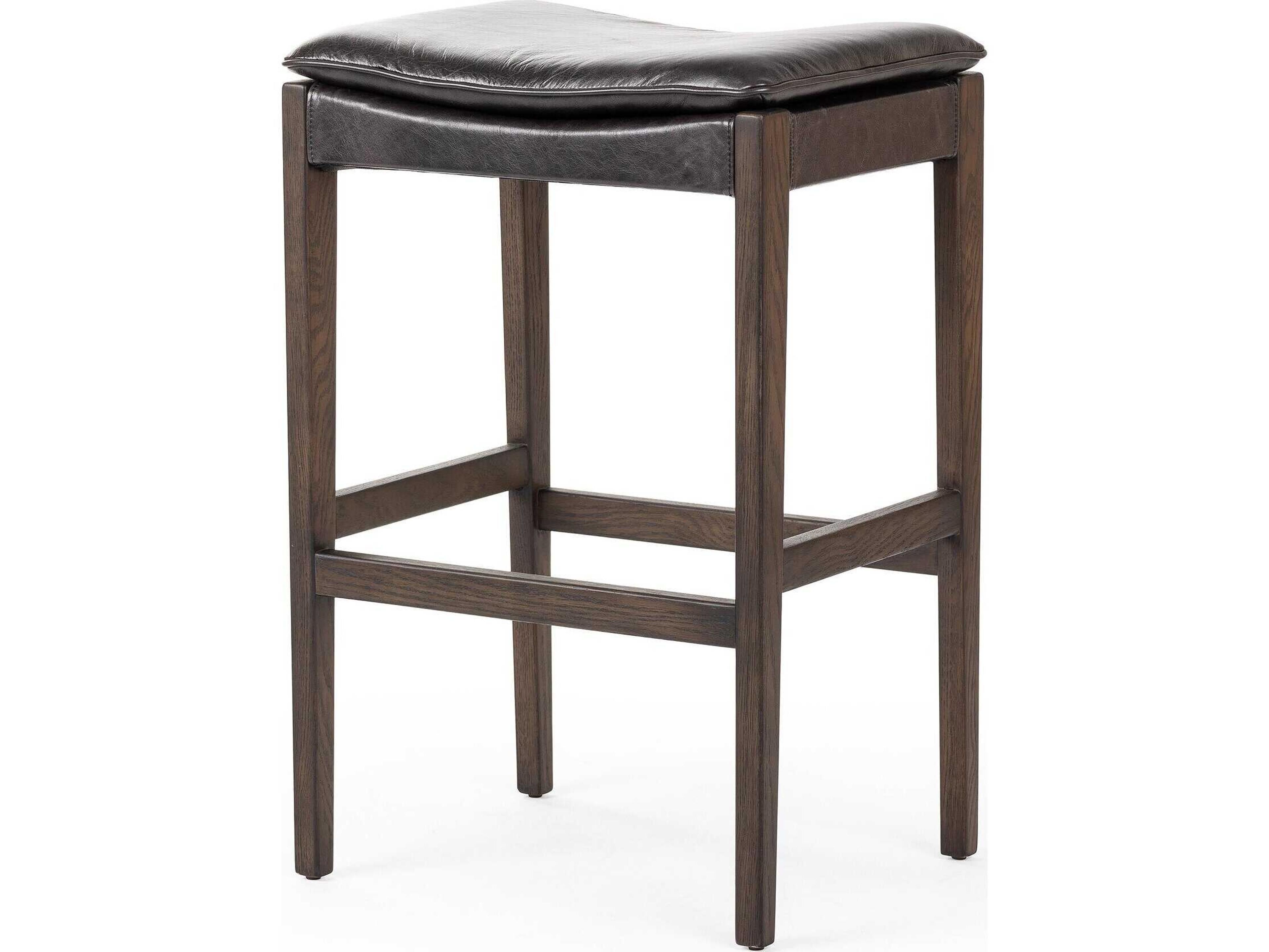 Four Hands Ashford Aya Sonoma Black Leather Oak Wood Bar Stool