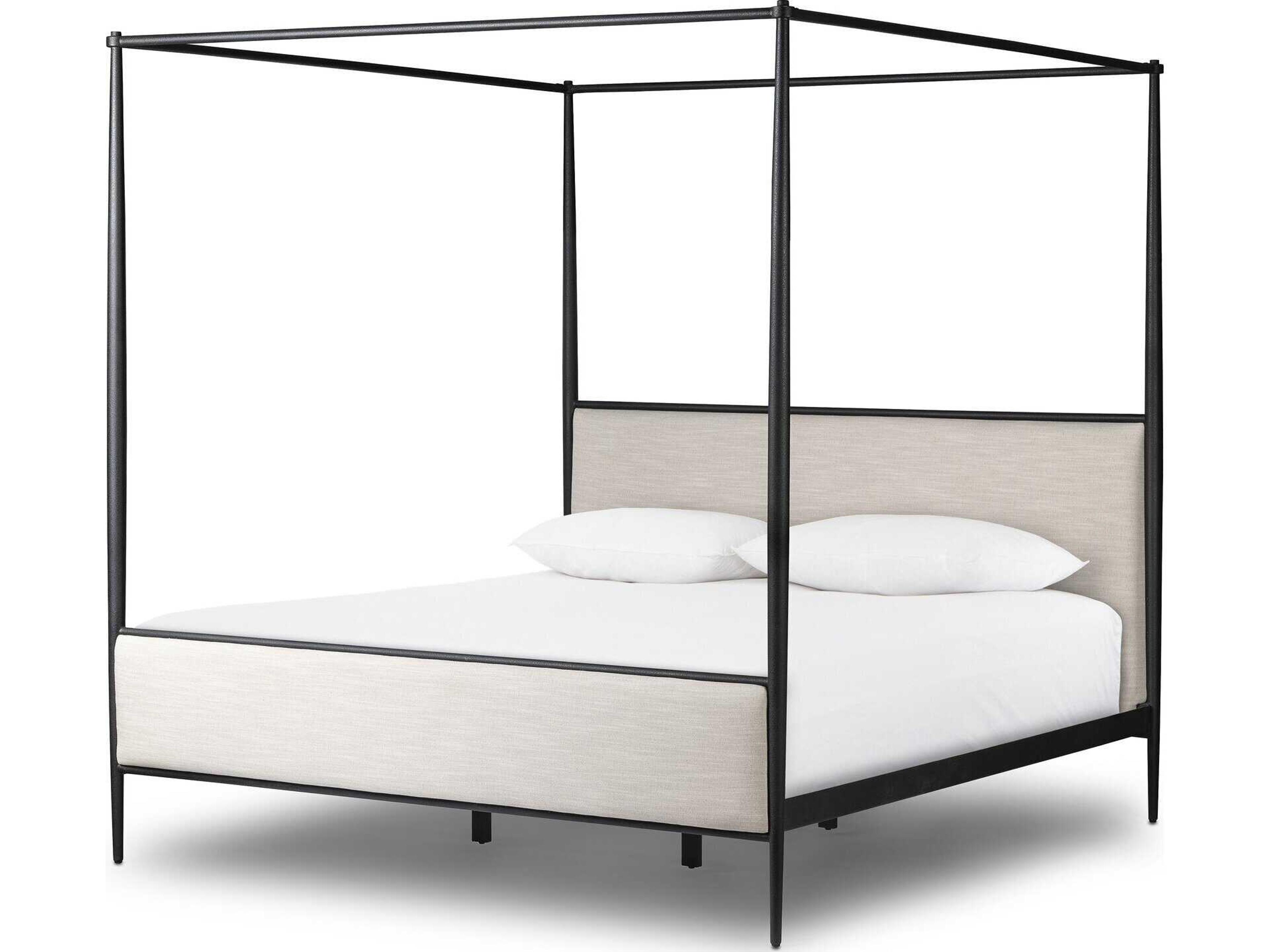Four Hands Westgate Savoy Parchment Textured Black Iron Beige King Canopy Bed