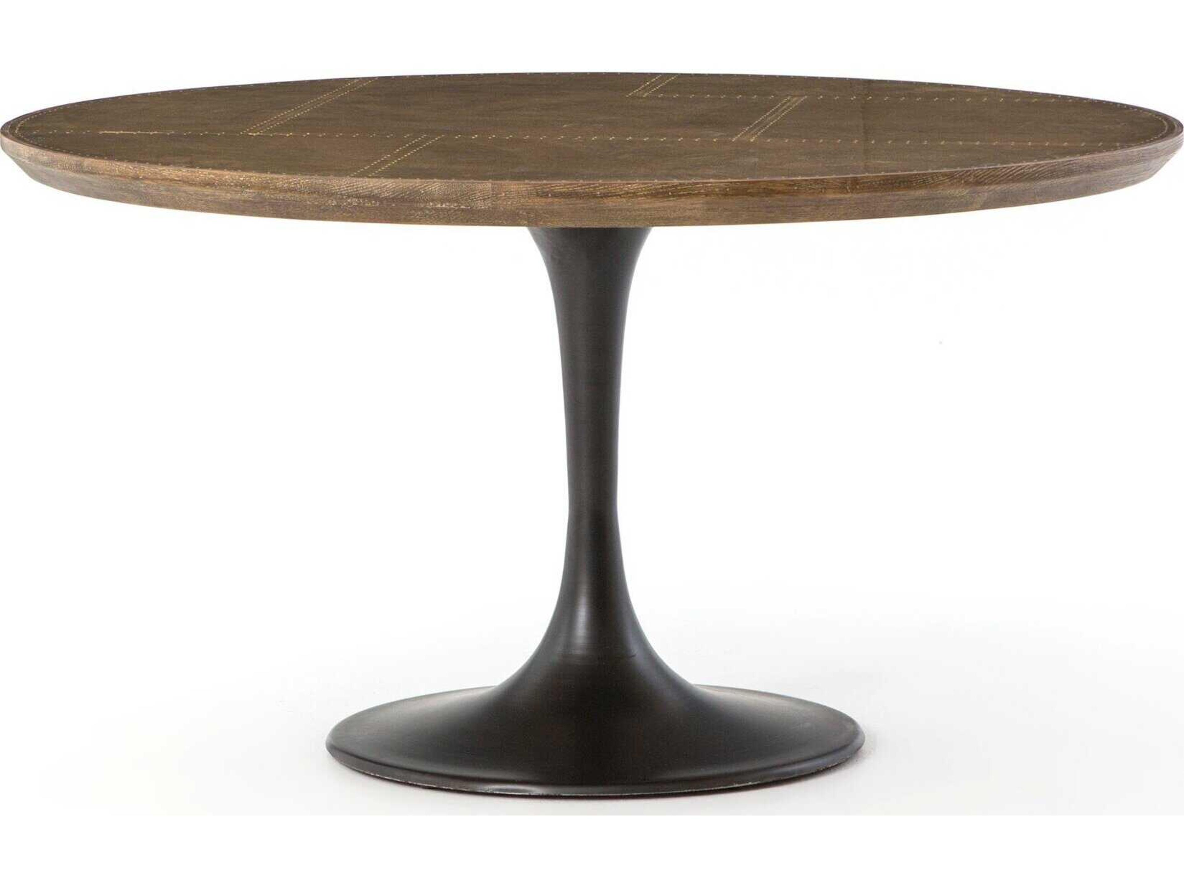 Four Hands Hughes Powell Round Metal Dark Rustic Black Light Burnt Oak Bright Brass Clad Dining Table