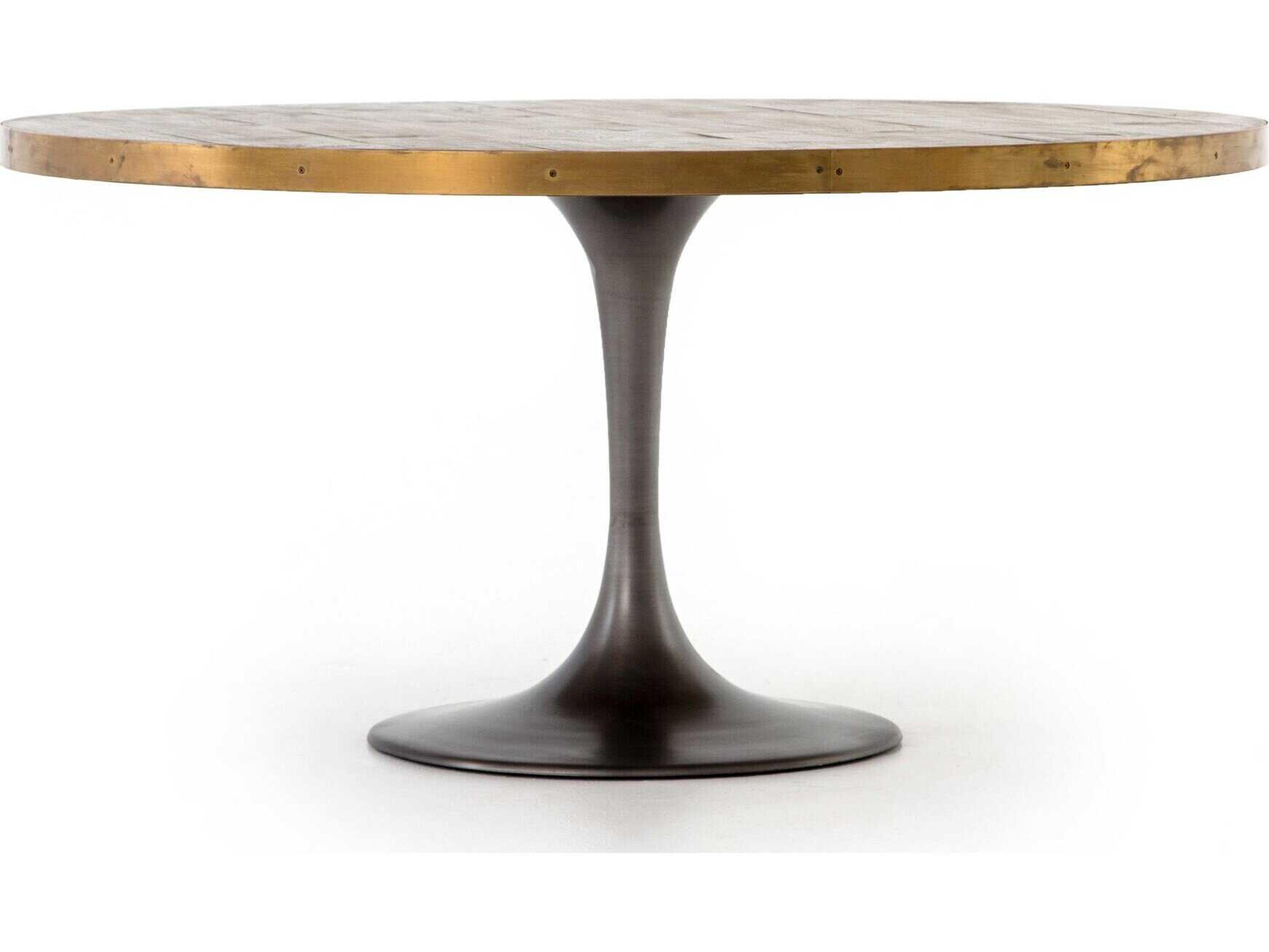 Four Hands Hughes Evans Round Metal Vessel Grey Polished Brass Light Burnt Oak Dining Table