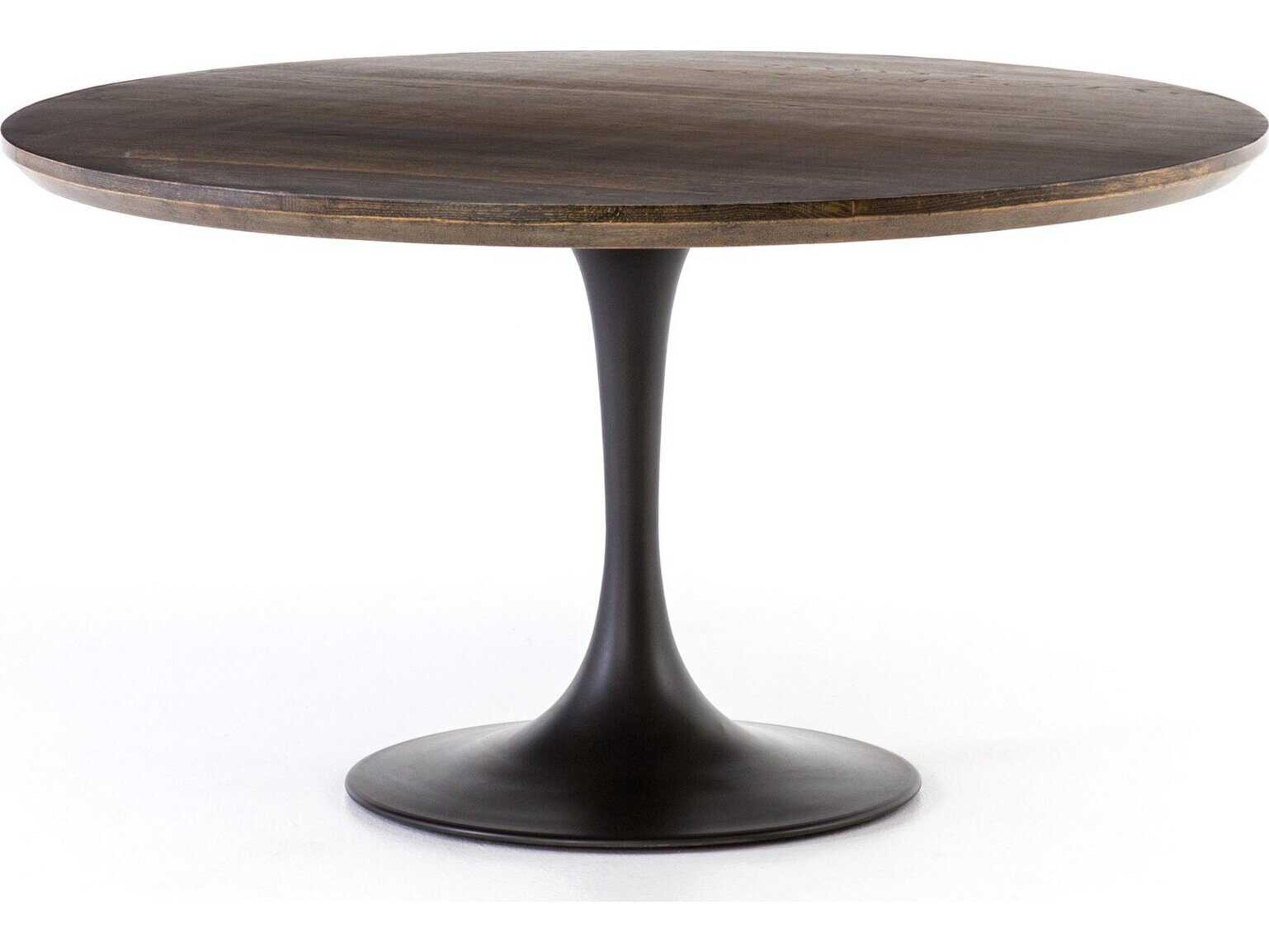 Four Hands Hughes Powell Round Wood Dark Rustic Black English Brown Oak Veneer Dining Table