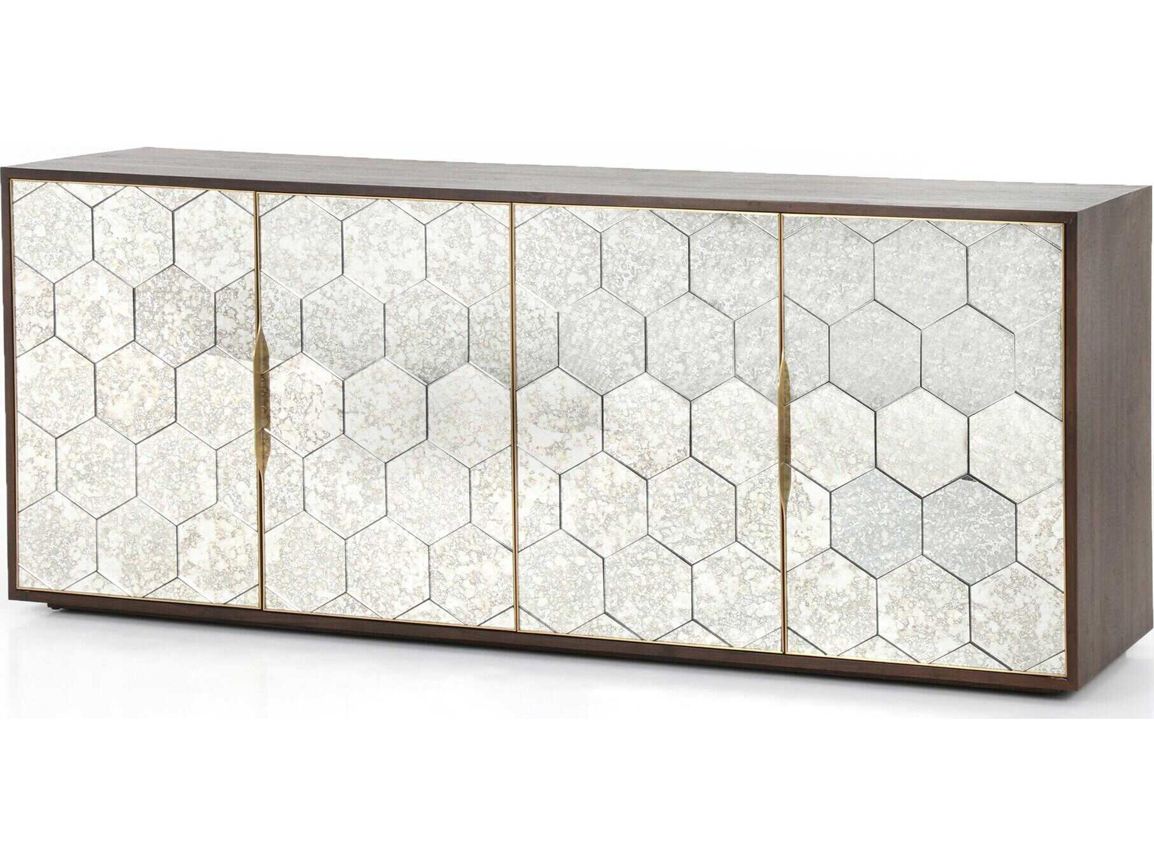 Four Hands Hughes Cybil 78" Walnut Wood Dark Antique Mirror Polished Brass Sideboard