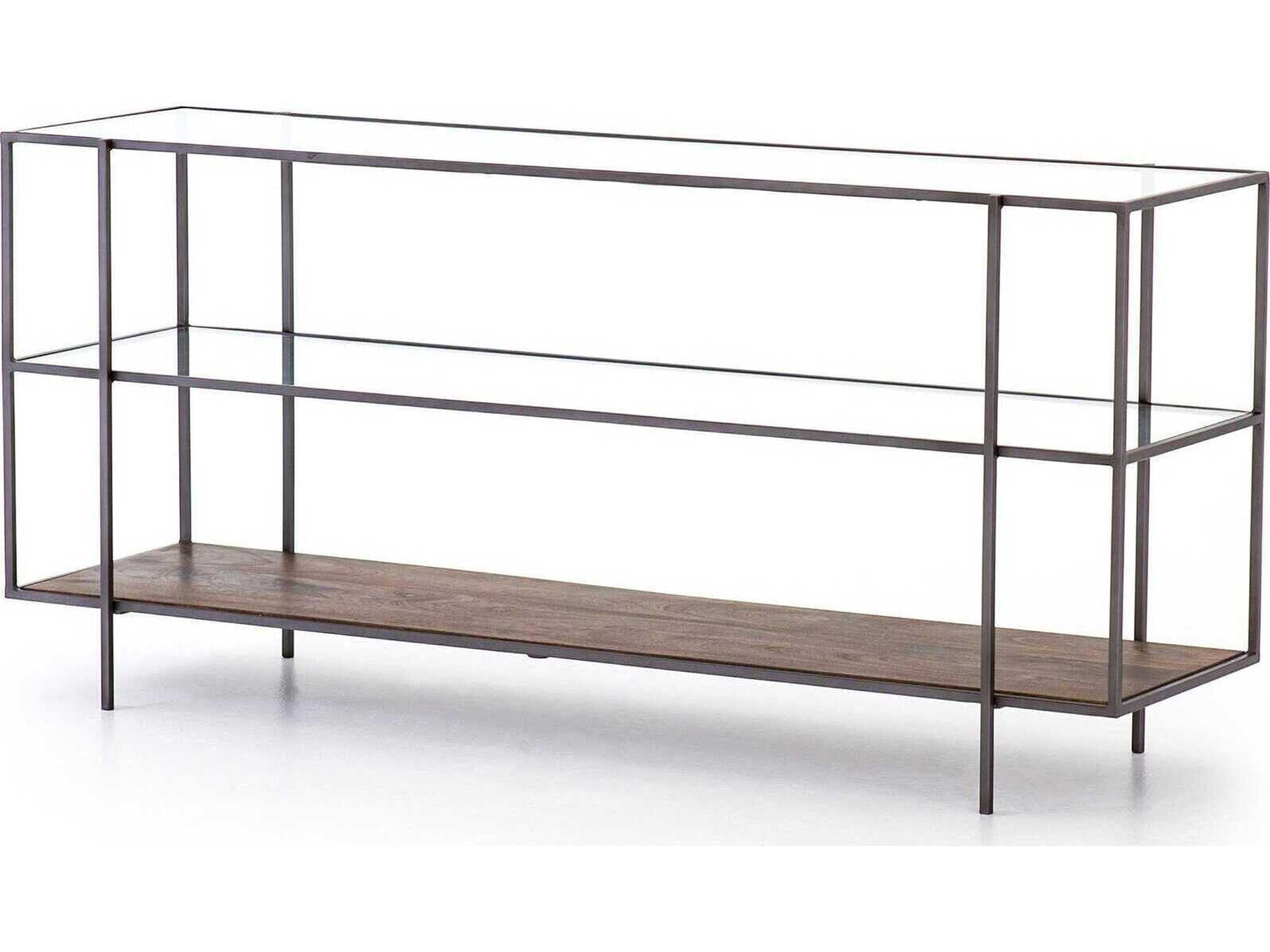 Four Hands Harmon Byron Rectangular Aged Brown Dark Iron Tempered Glass Console Table