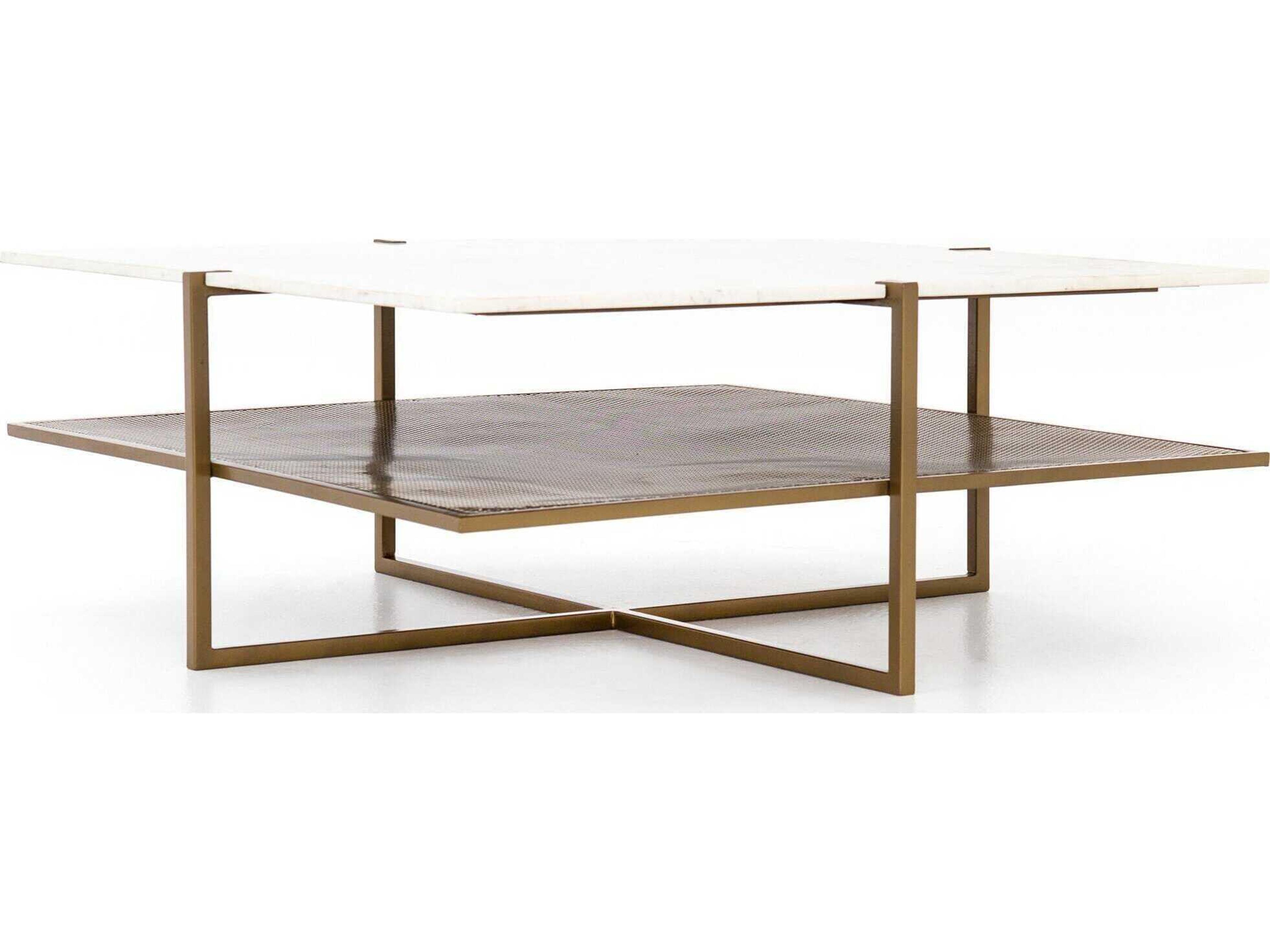 Four Hands Marlow Olivia Square Antique Brass Polished White Marble Coffee Table