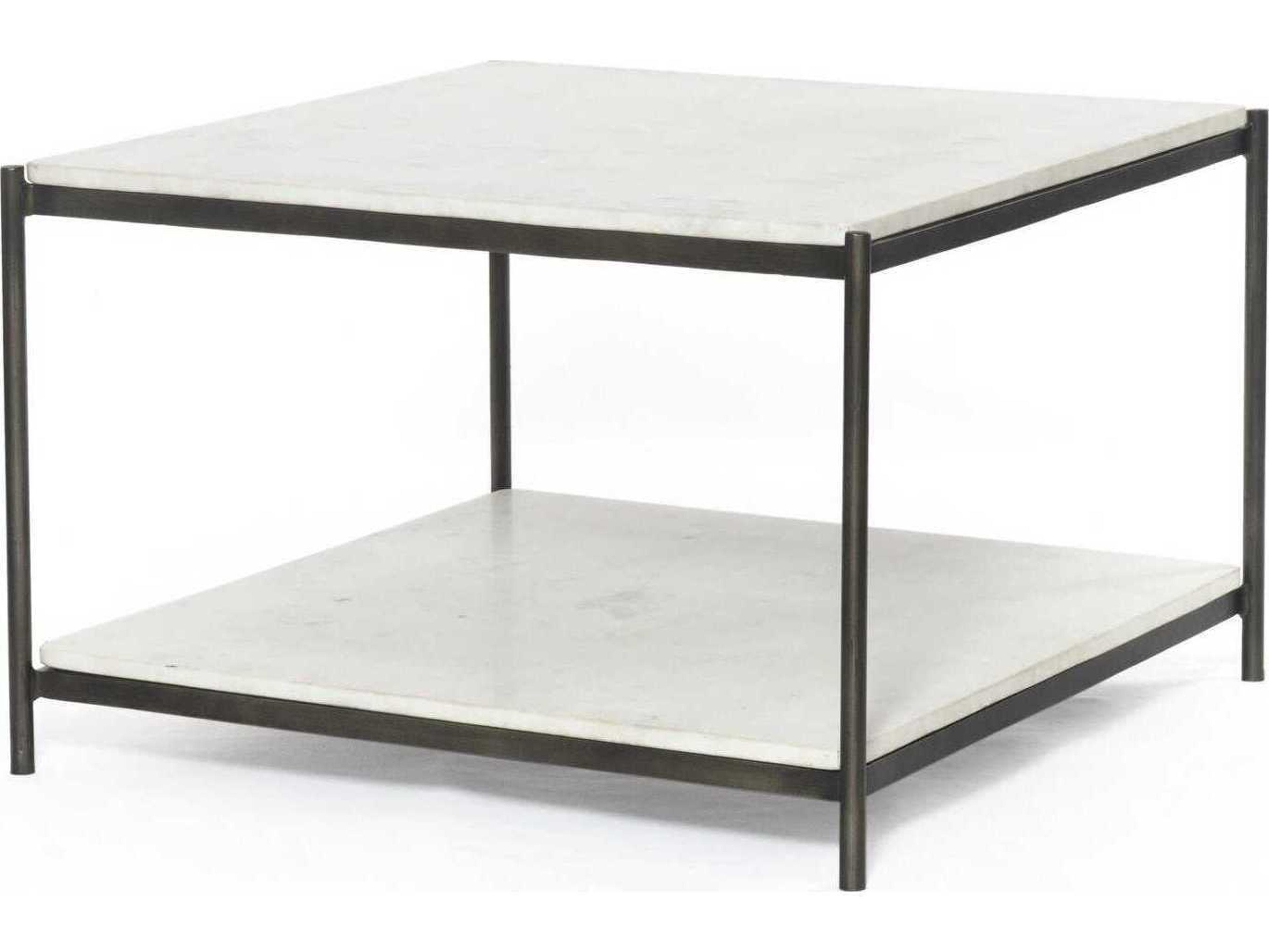 Four Hands Marlow Felix Square Hammered Grey clear Powder Coat Polished White Marble Coffee Table