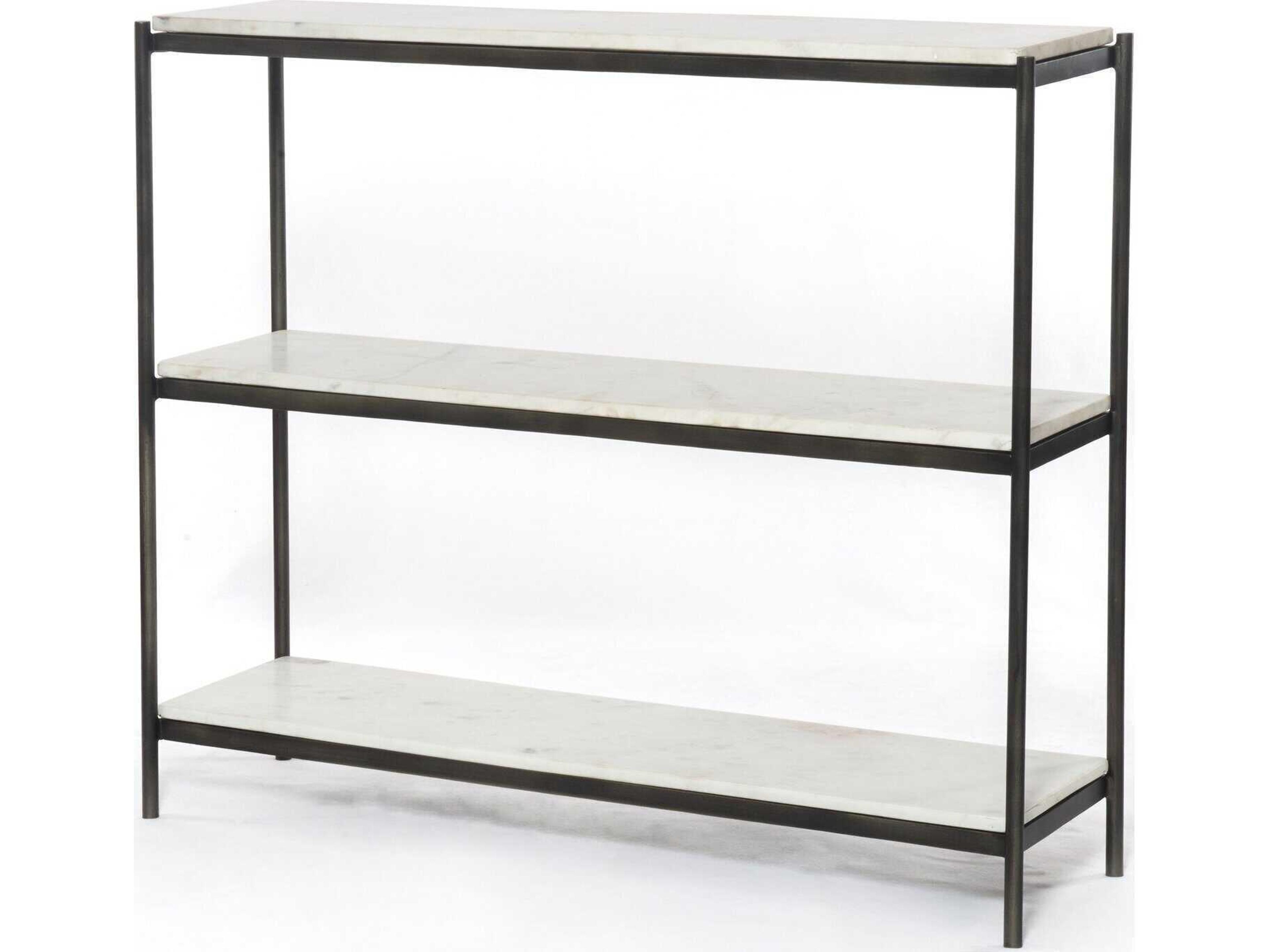 Four Hands Marlow Felix Rectangular Hammered Grey clear Powder Coat Polished White Marble Console Table