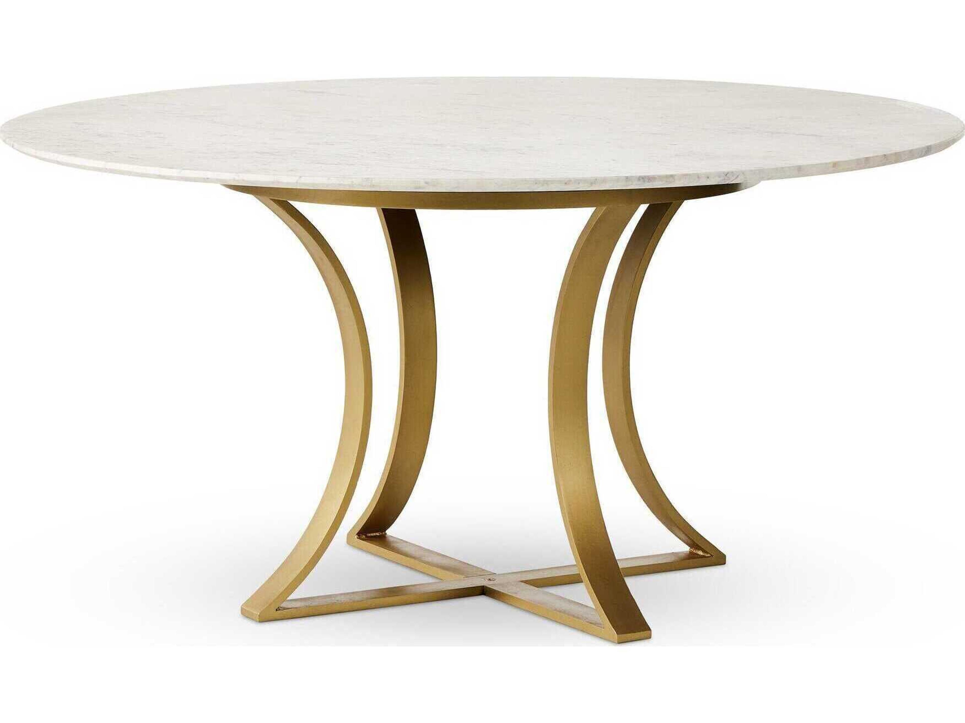 Four Hands Rockwell Gage Round Cast Brass Polished White Marble Dining Table
