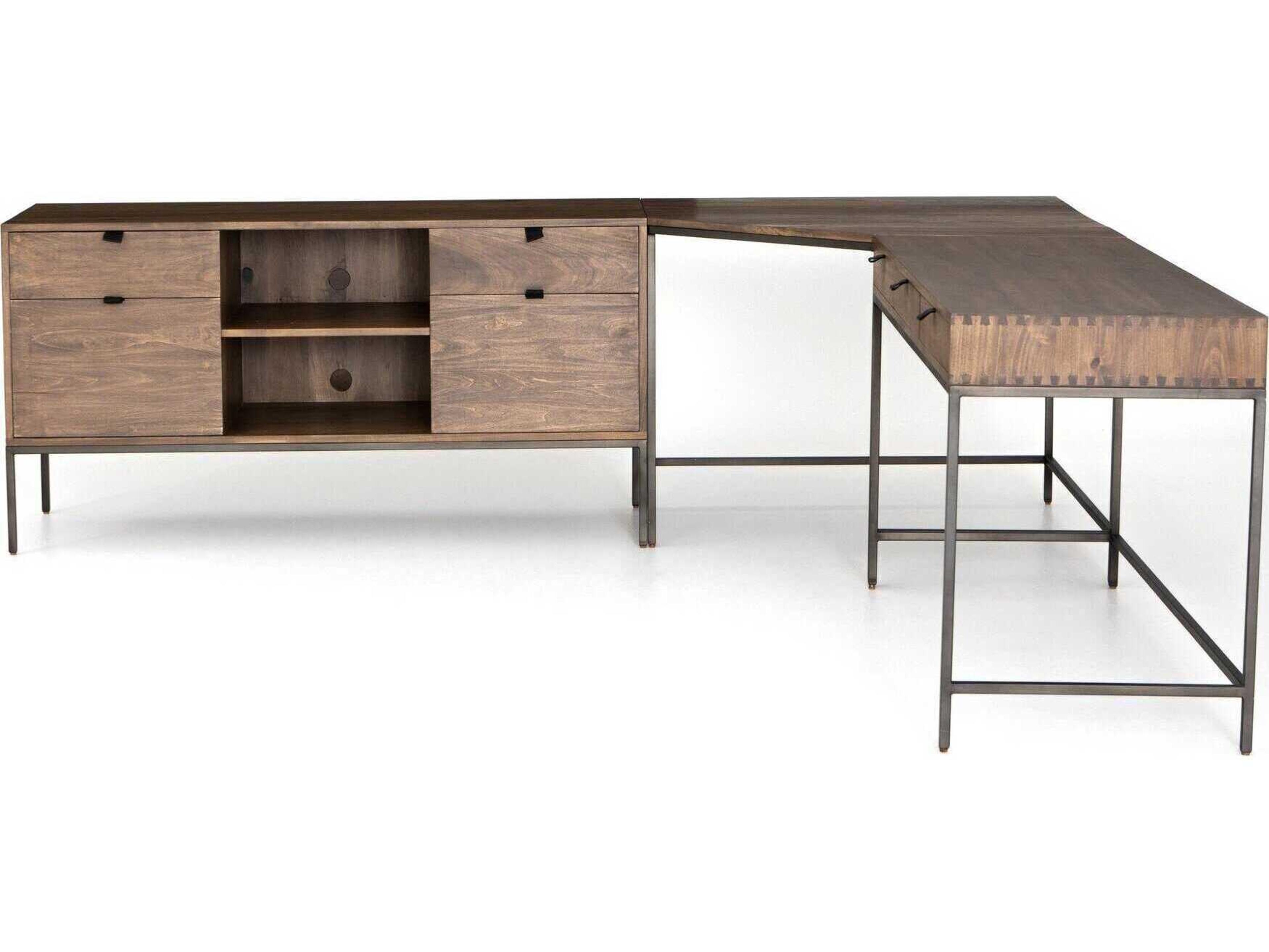 Four Hands Fulton Trey Natural Iron Auburn Poplar Brown Wood L-Shaped Desk