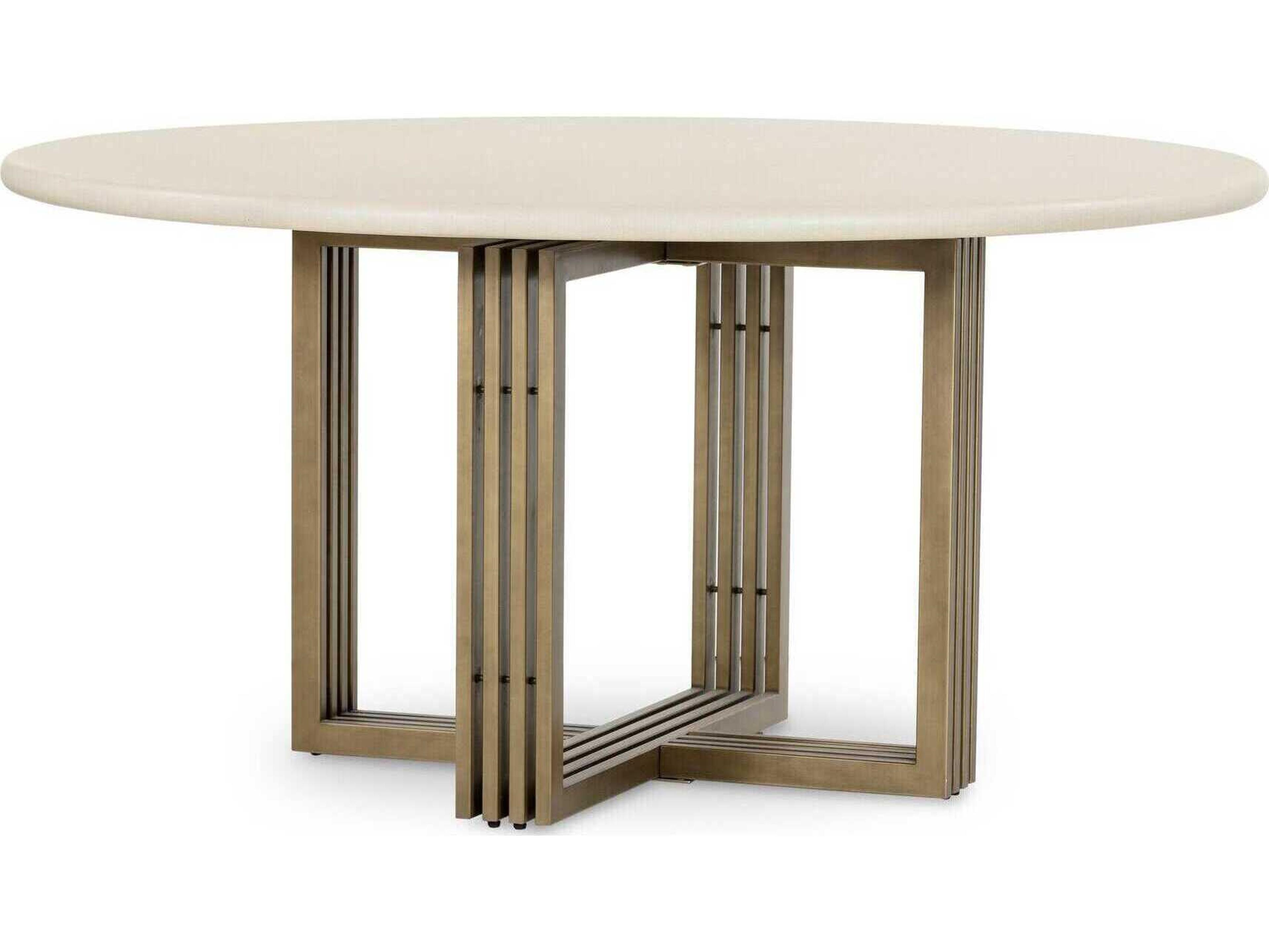 Four Hands Everett Mia Round Concrete Antique Brass Parchment White Dining Table