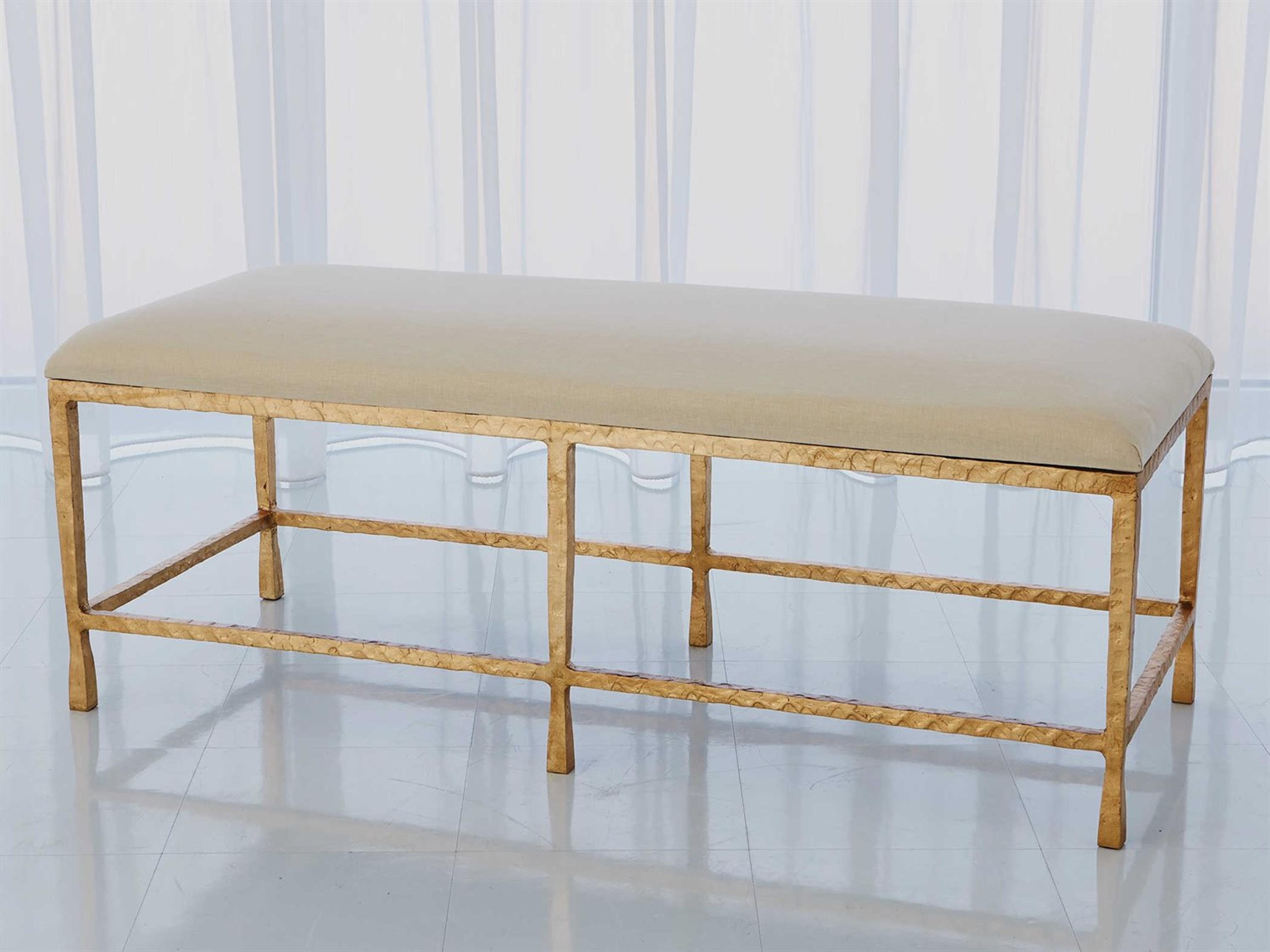 Global Views Gold Leaf White Upholstered Accent Bench