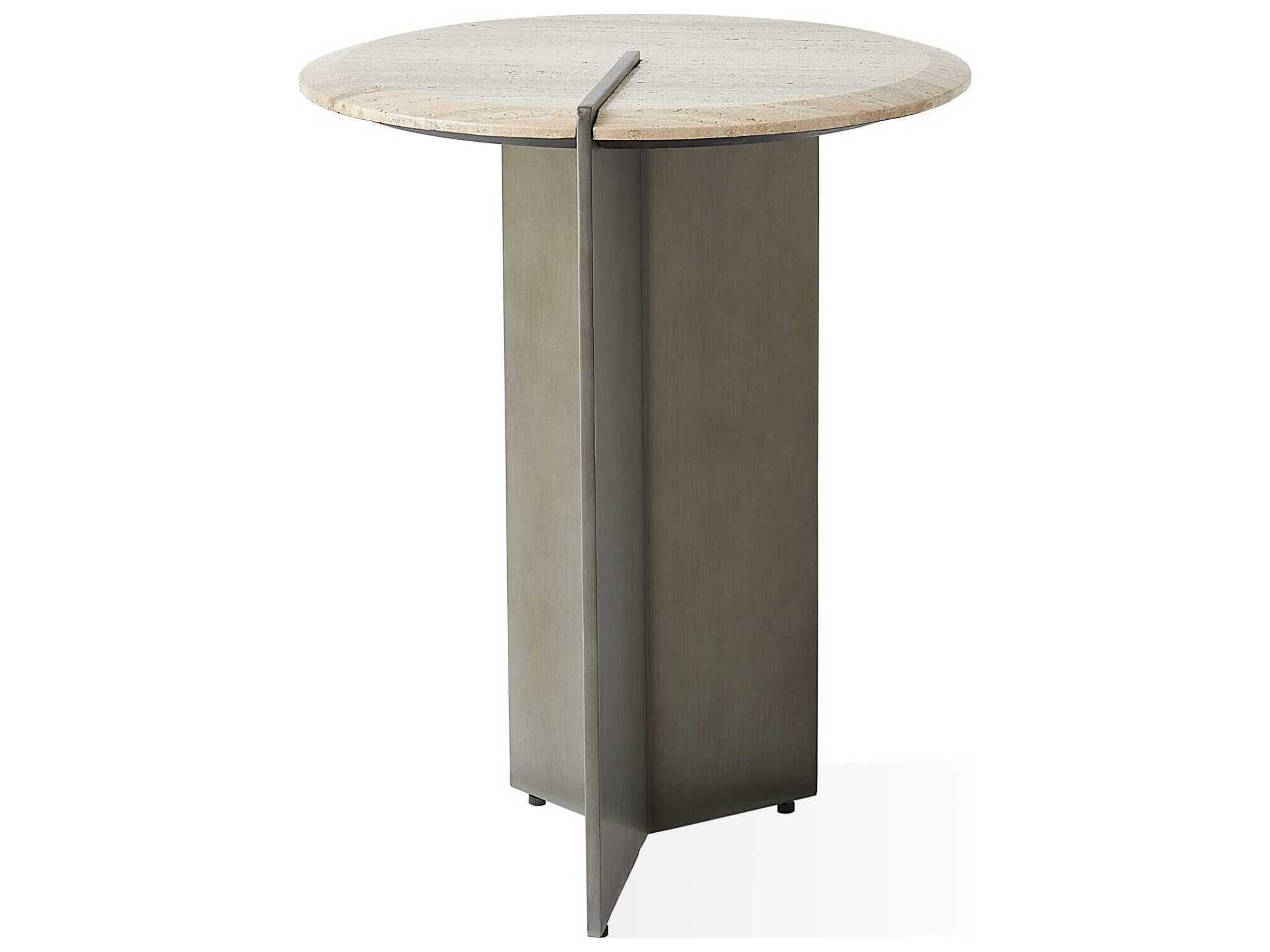 Global Views Sundial Round Stone Brushed Antique Gunmetal End Table
