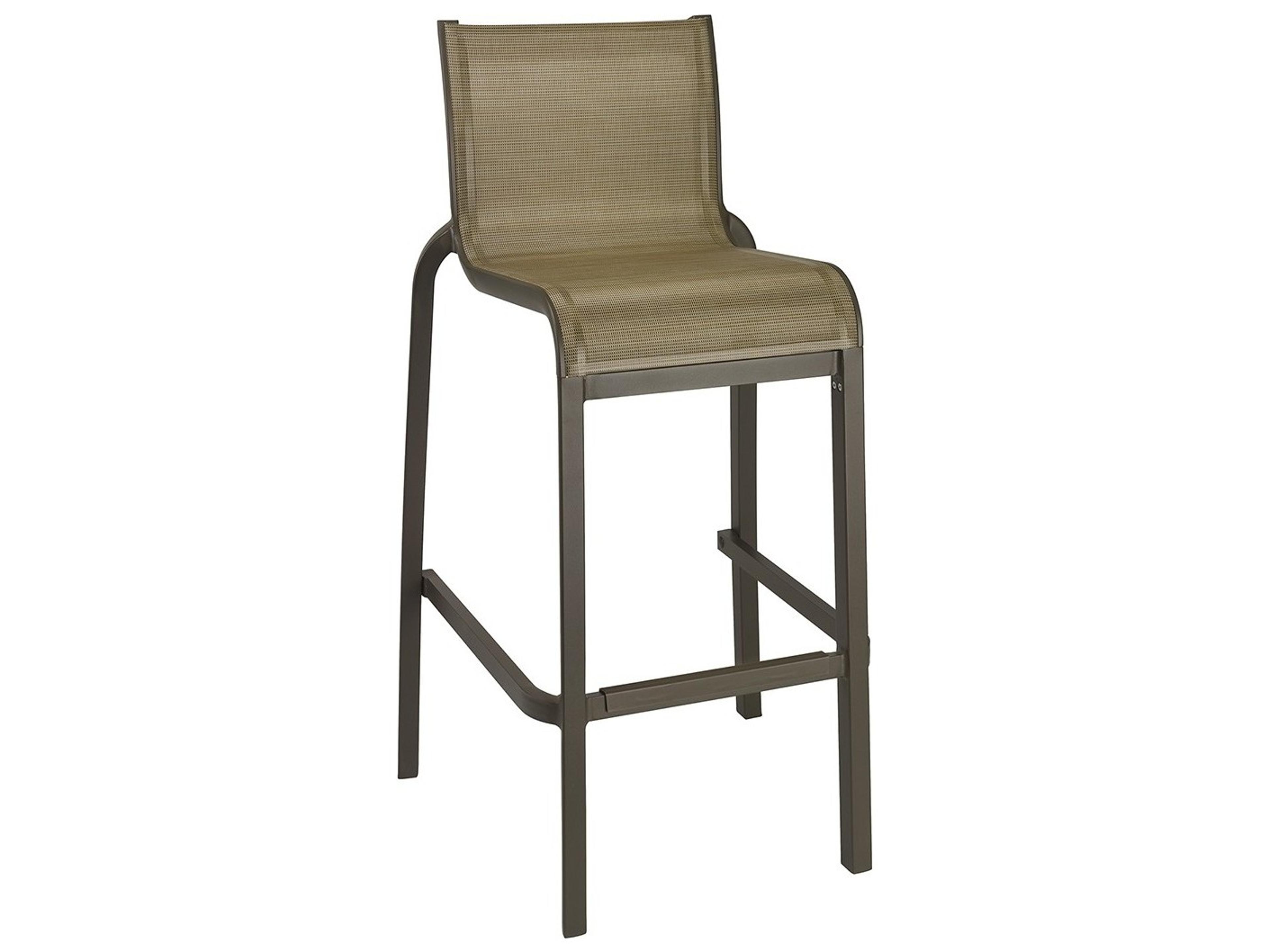 Grosfillex Sunset Sling Aluminum Resin Fusion Bronze Armless Outdoor Bar Stool in Cognac