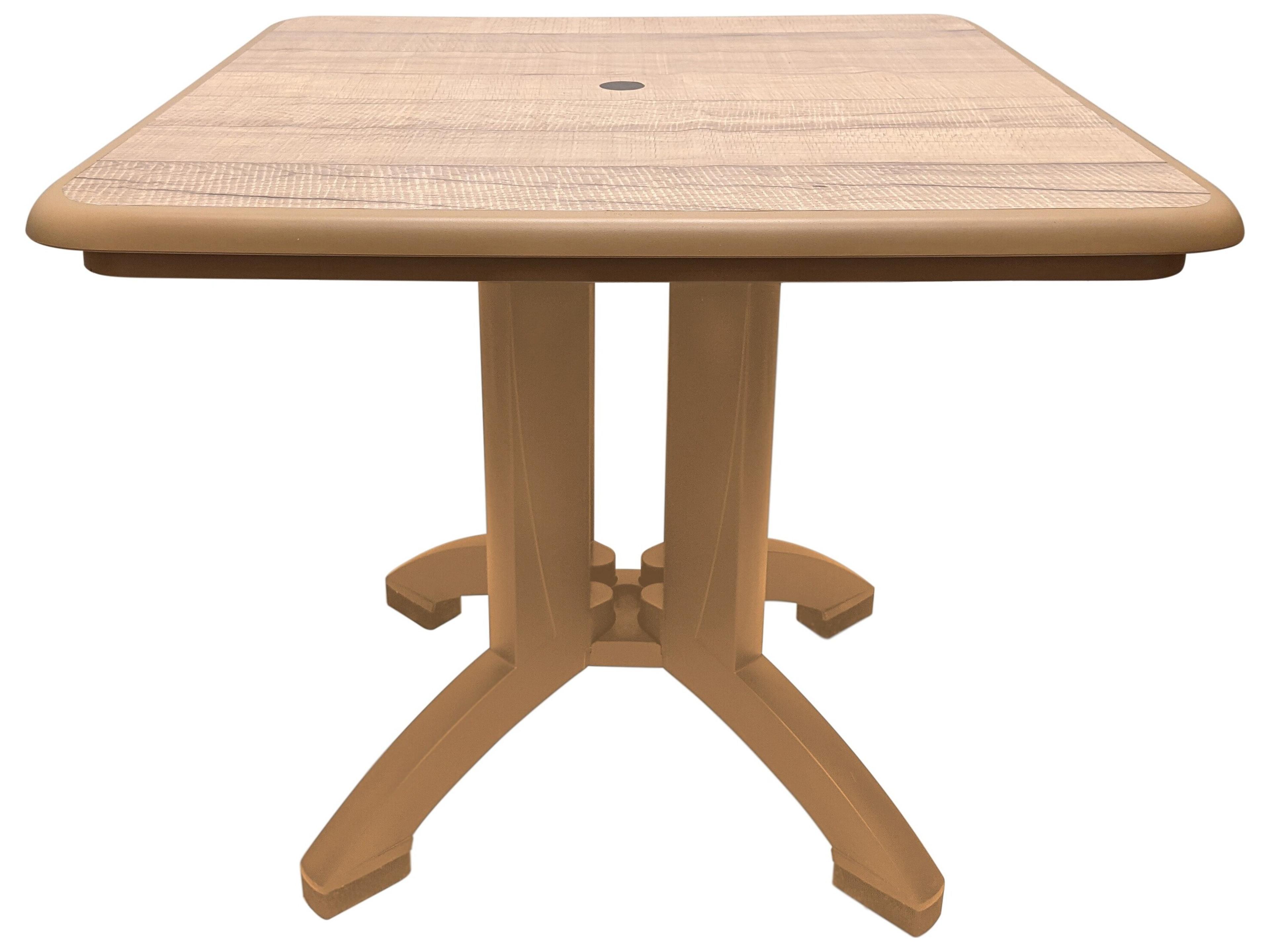 Grosfillex Aquaba Resin Sawcut/Teakwood Square Outdoor Dining Table with Umbrella Hole