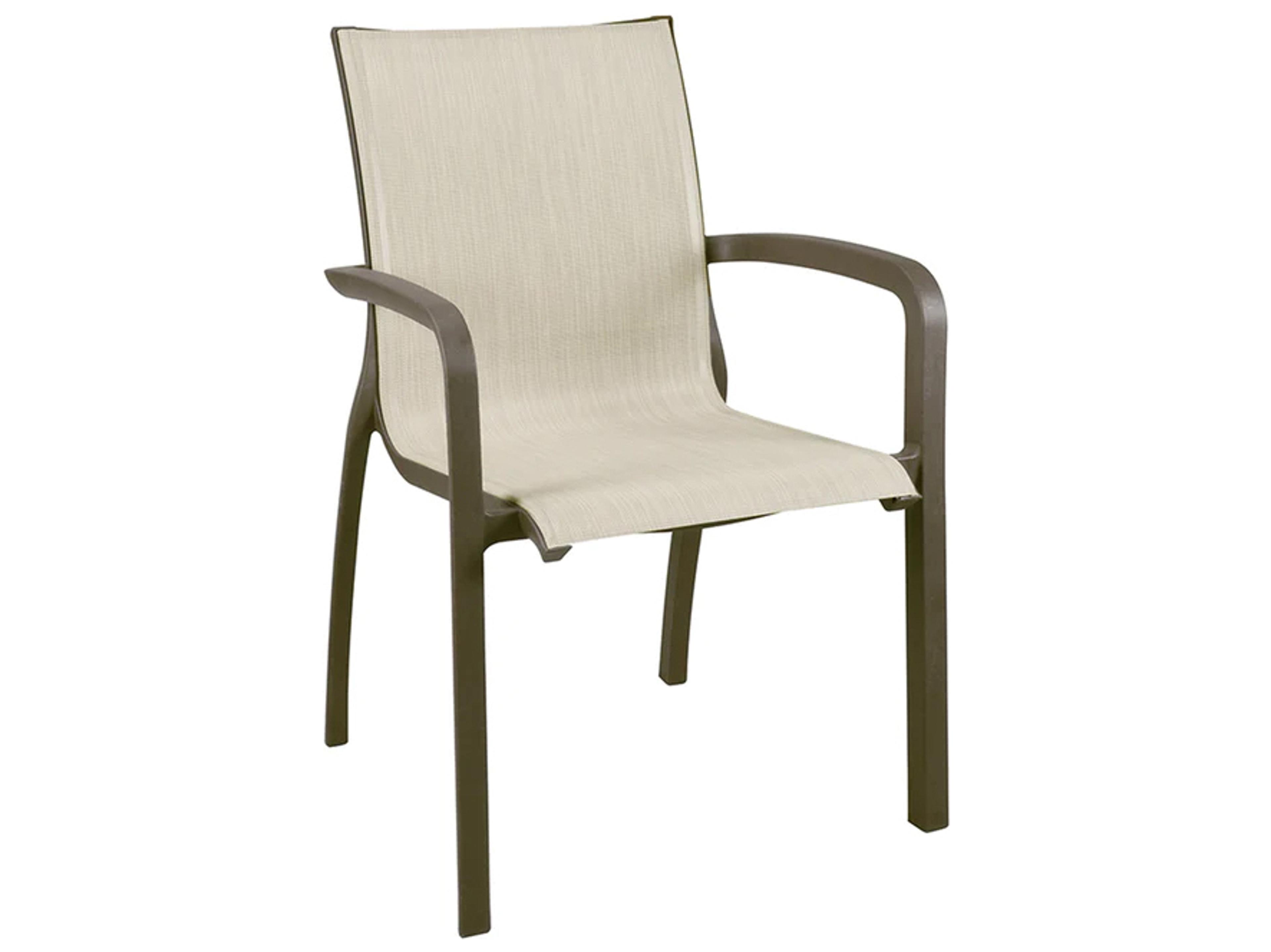 Grosfillex Sunset Sling Aluminum Fusion Bronze Stacking Patio Dining Arm Chair in Beige