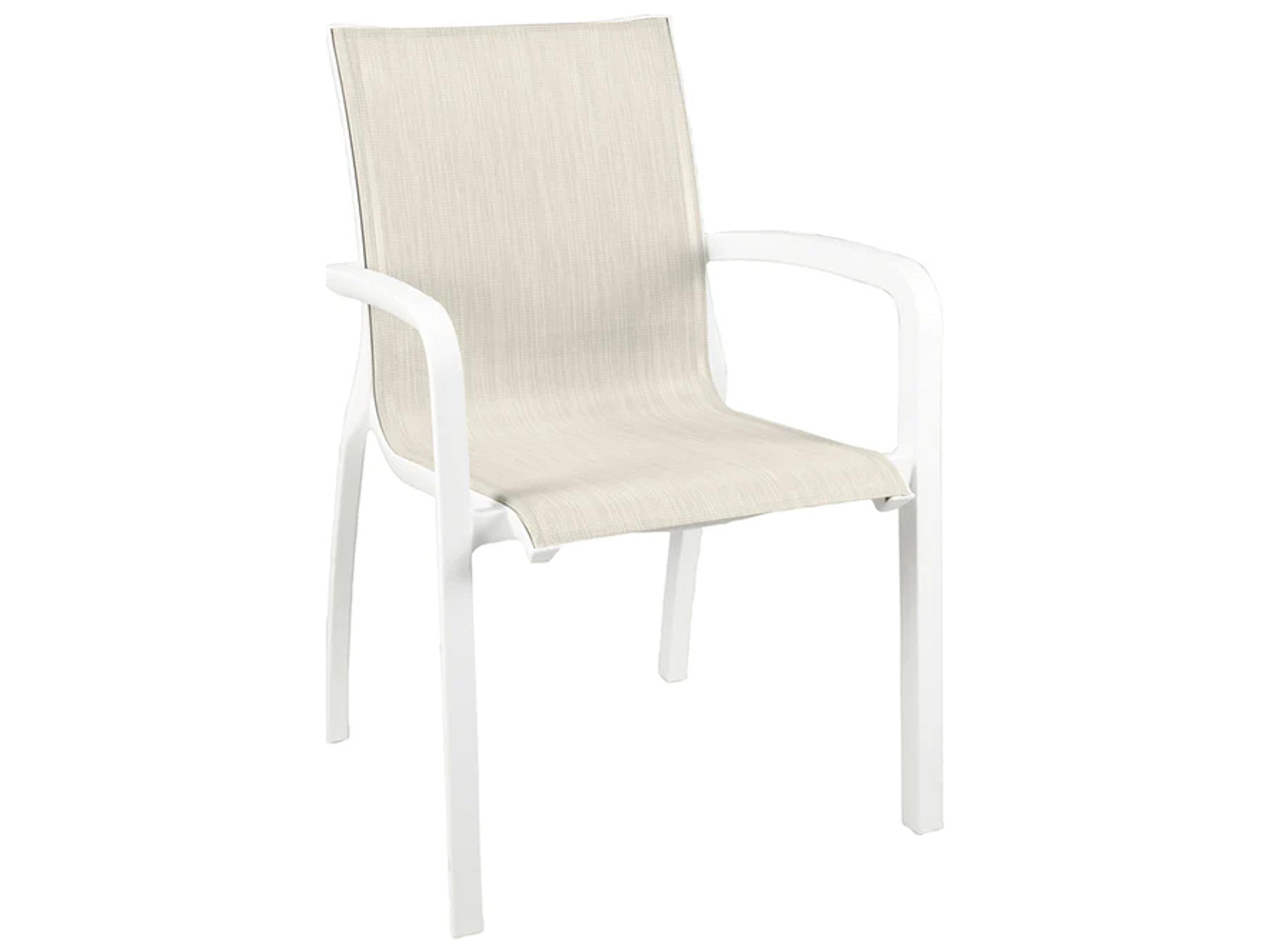 Grosfillex Sunset Sling Aluminum Glacier White Stacking Outdoor Dining Arm Chair in Beige