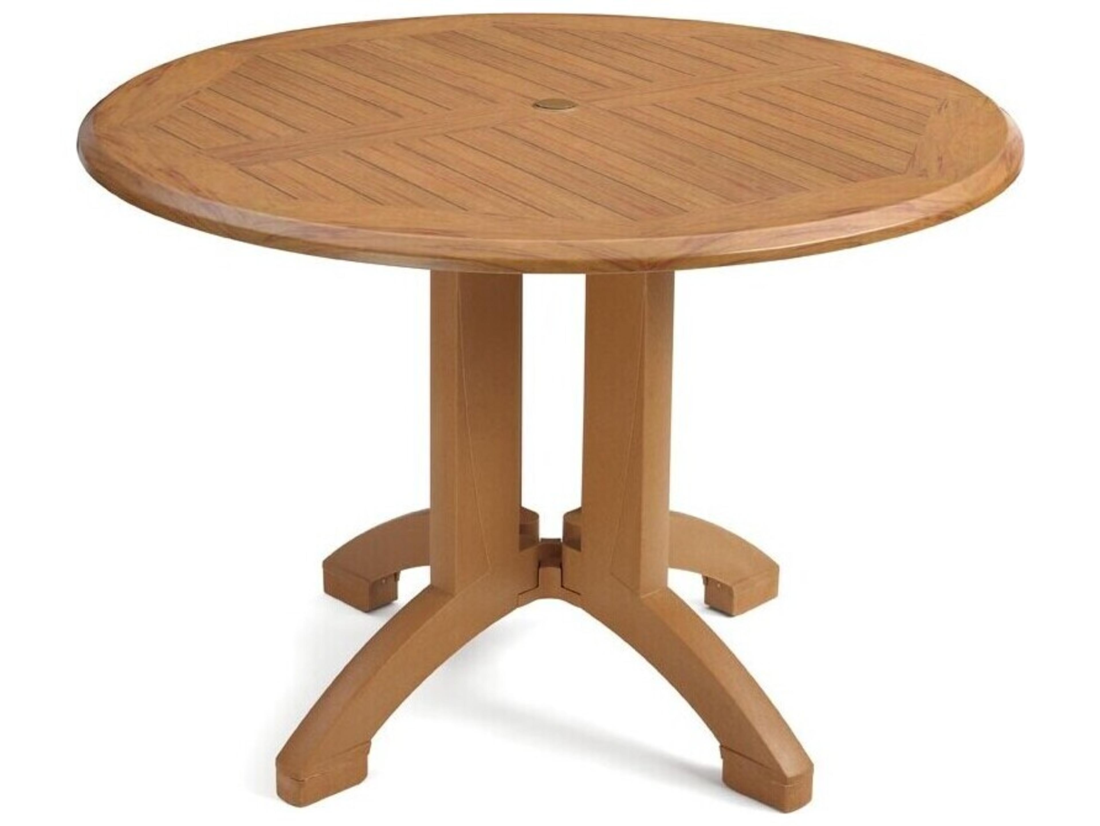 Grosfillex Atlanta Resin Teakwood Decor Round Patio Dining Table with Umbrella Hole