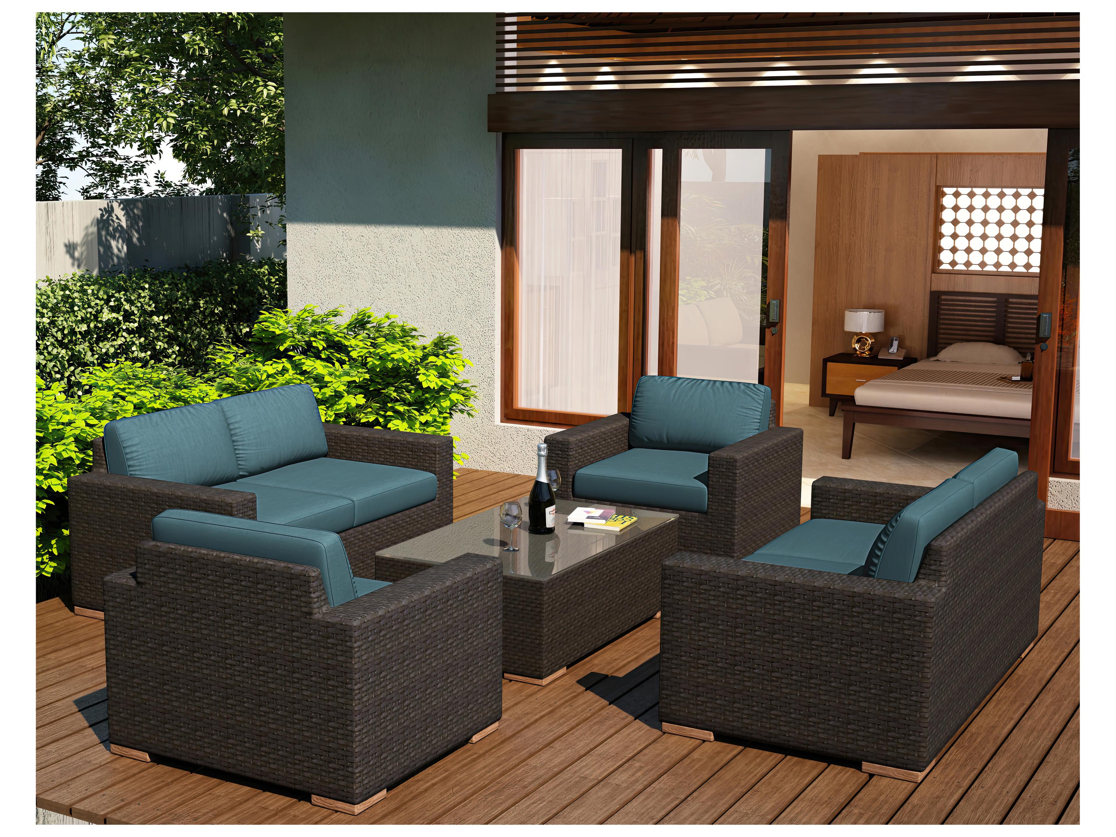 Harmonia Living Arden Wicker 5 Piece Double Loveseat Patio Lounge Set