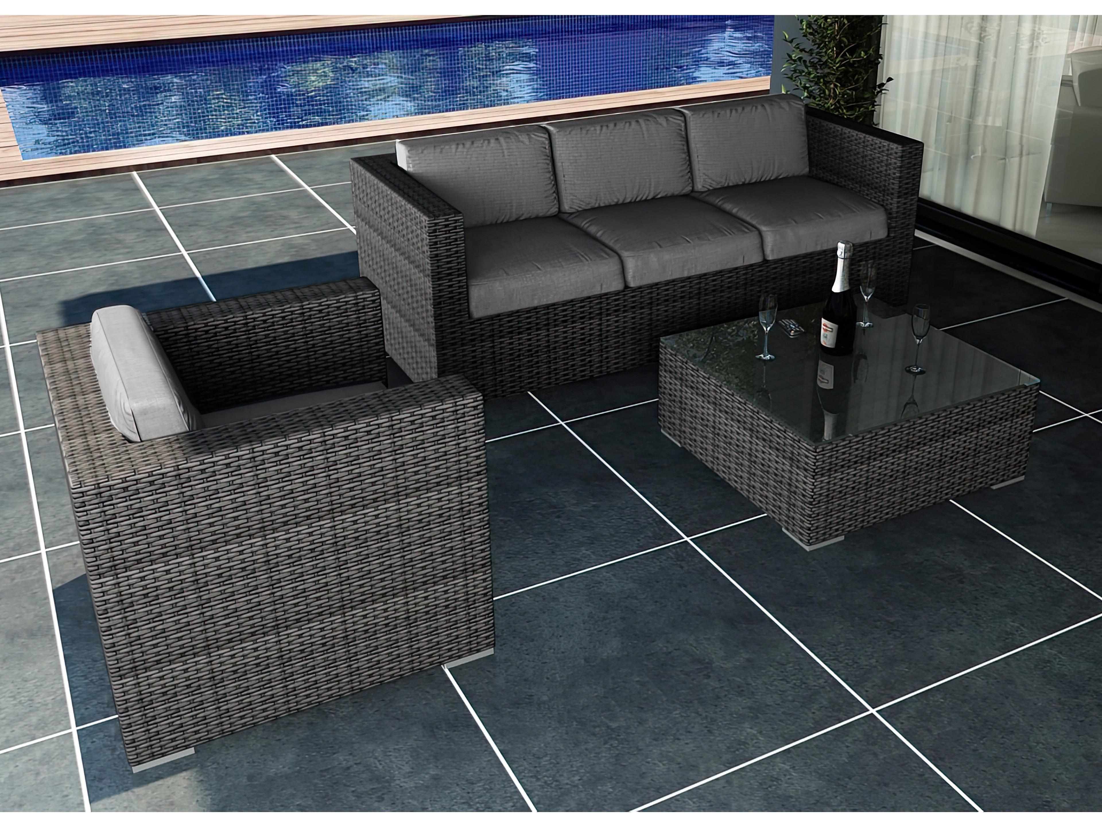 Harmonia Living District HDPE Wicker Textured Slate 3 Piece Sofa Outdoor Patio Lounge Set