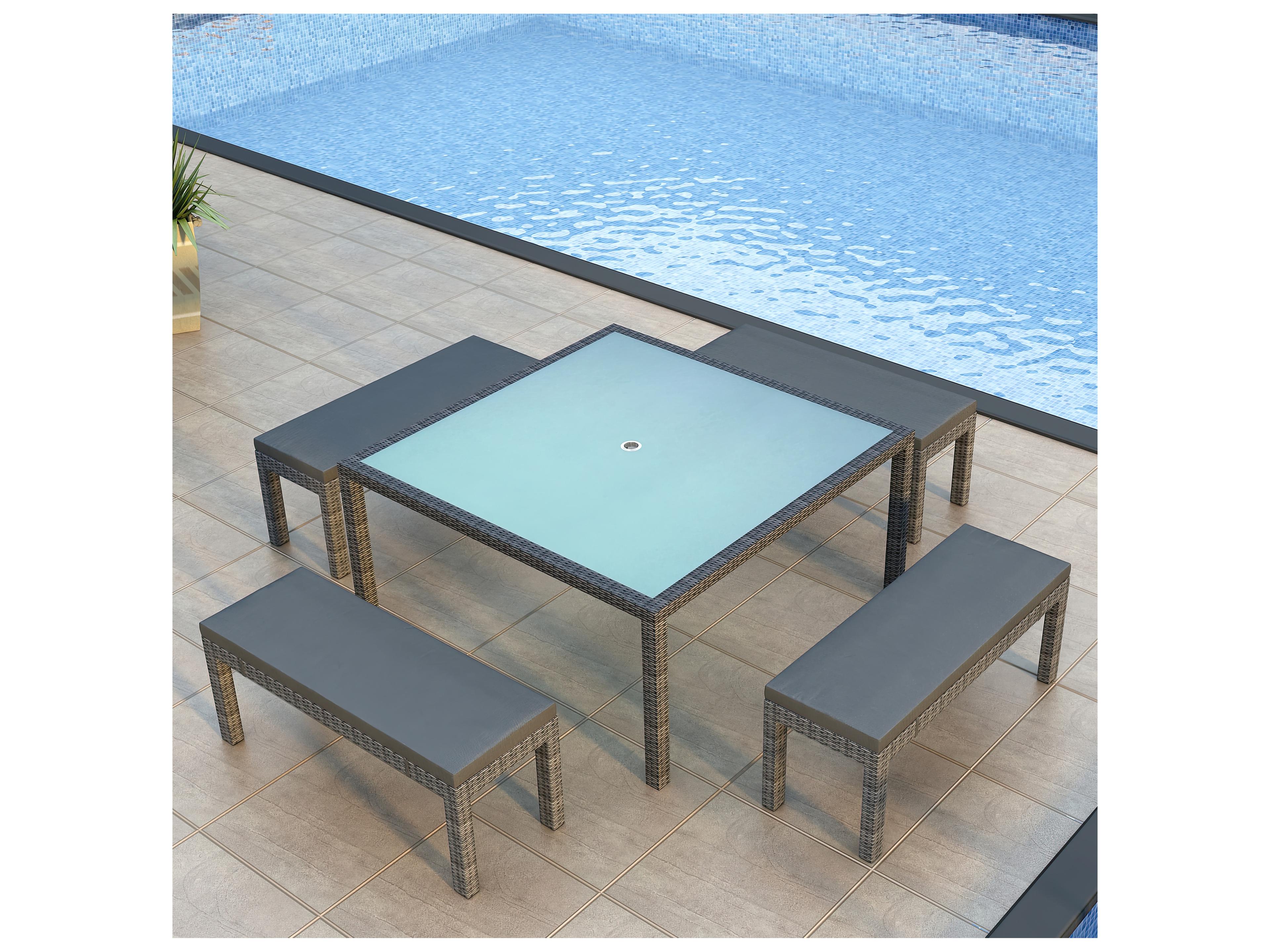 Harmonia Living District Wicker 5 Piece 8-Seat Bench Square Outdoor Patio Dining Set