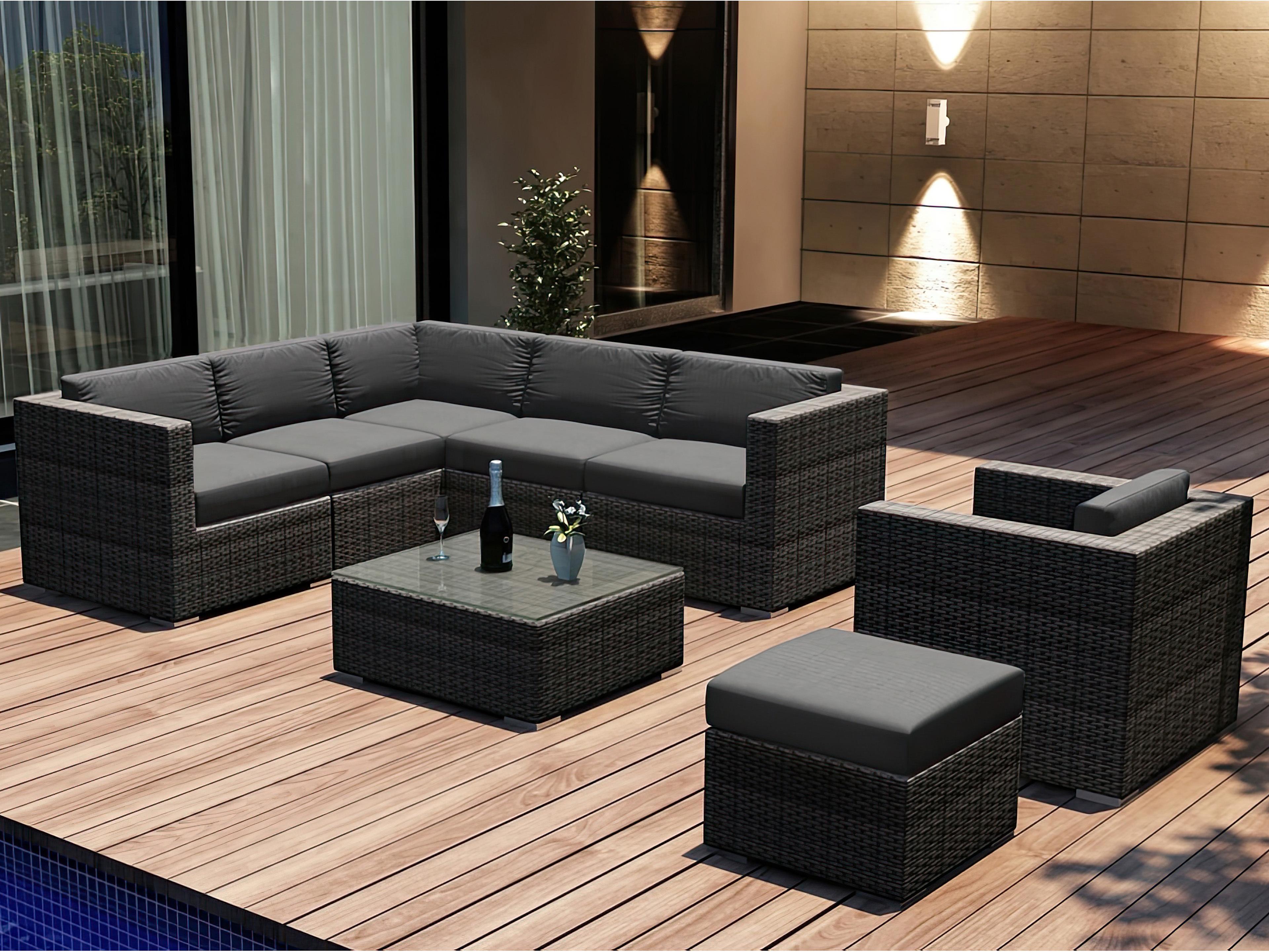 Harmonia Living District HDPE Wicker Textured Slate 8 Piece Sectional Outdoor Patio Lounge Set