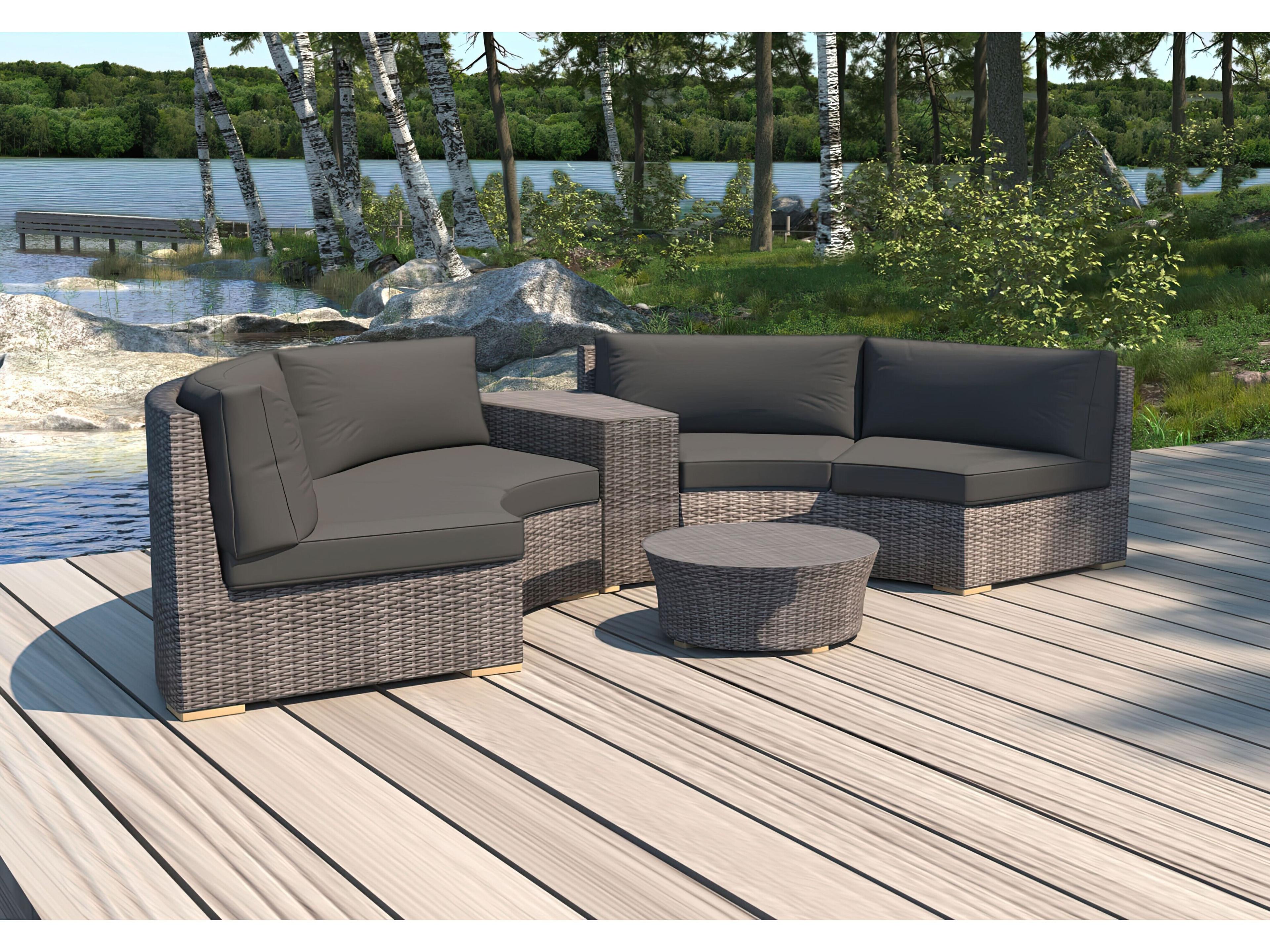 Harmonia Living Viento HDPE Wicker Driftwood 4 Piece Curve Sectional Outdoor Patio Lounge Set