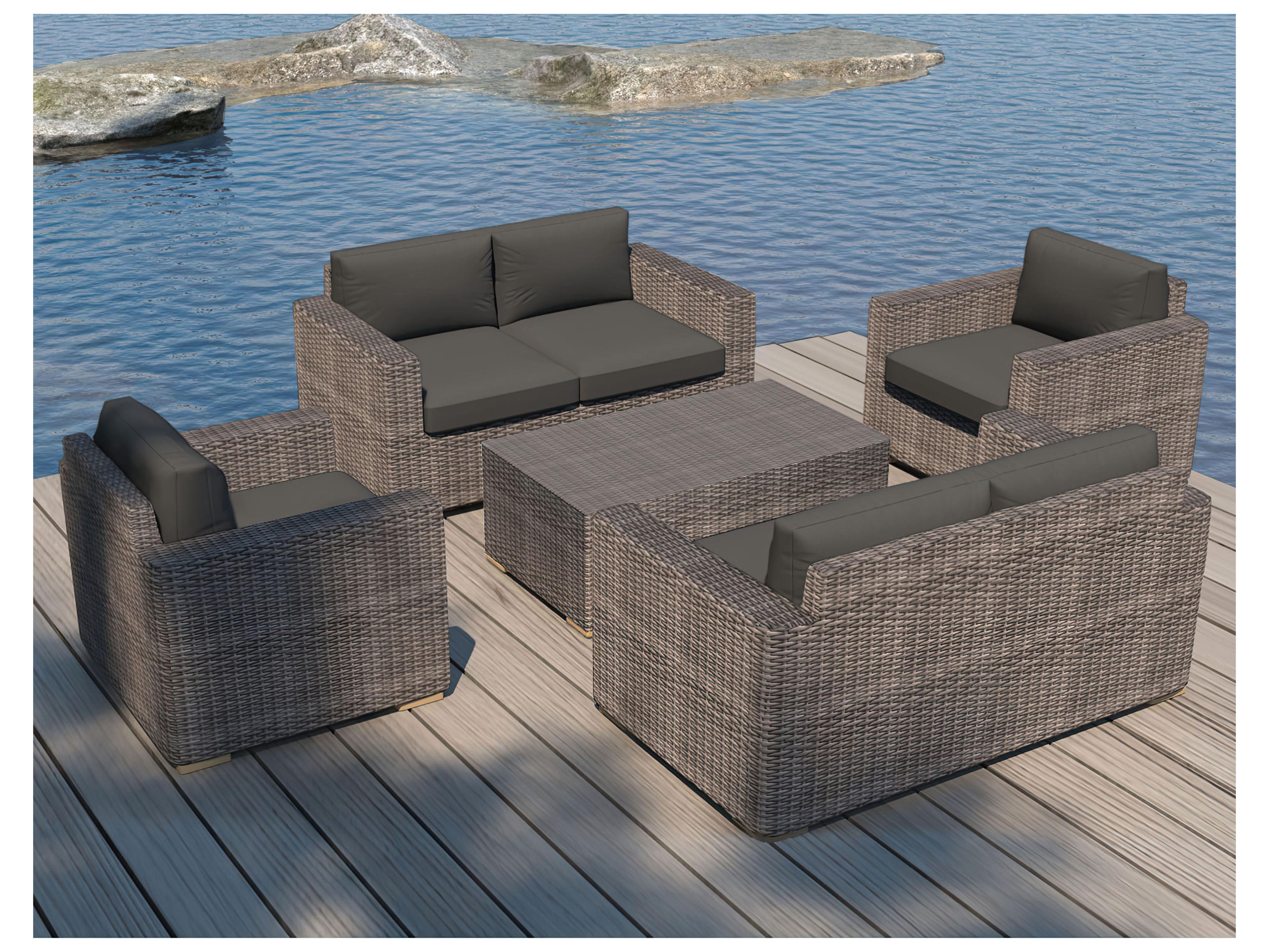 Harmonia Living Viento HDPE Wicker Driftwood 5 Piece Double Loveseat Outdoor Patio Lounge Set