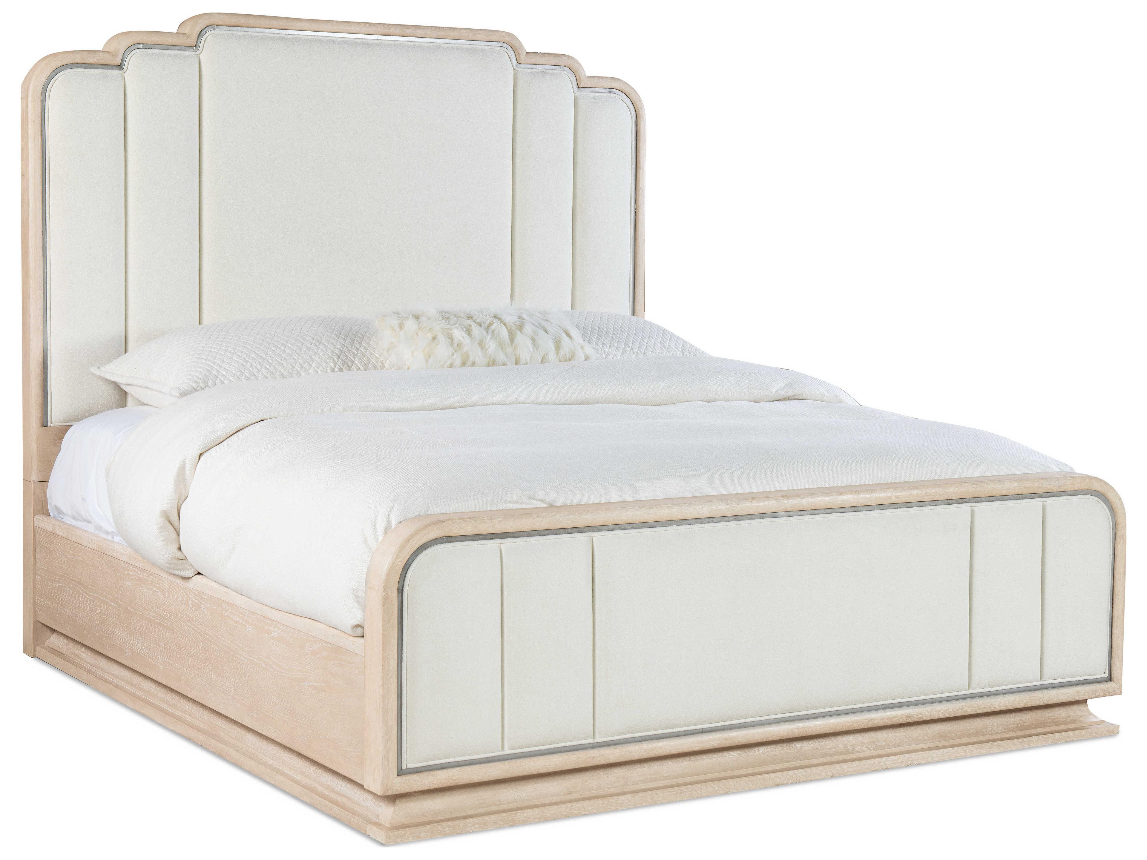 Hooker Furniture Nouveau Chic Polished Pearl Sandstone Beige Oak Wood Upholstered King Panel Bed