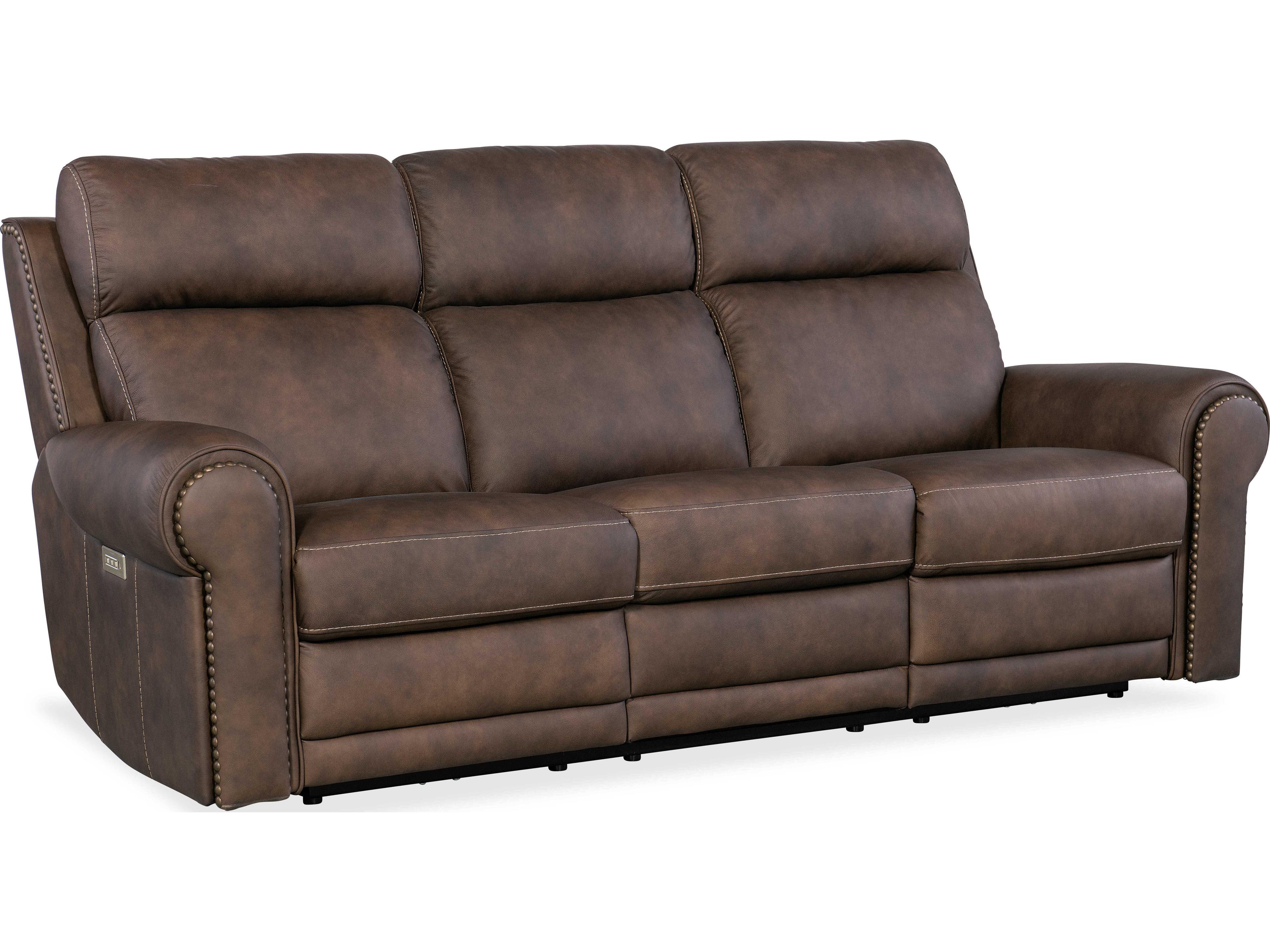 Hooker Furniture Duncan Power Kalahari Bark Brown Leather Sofa with Headrest & Lumbar
