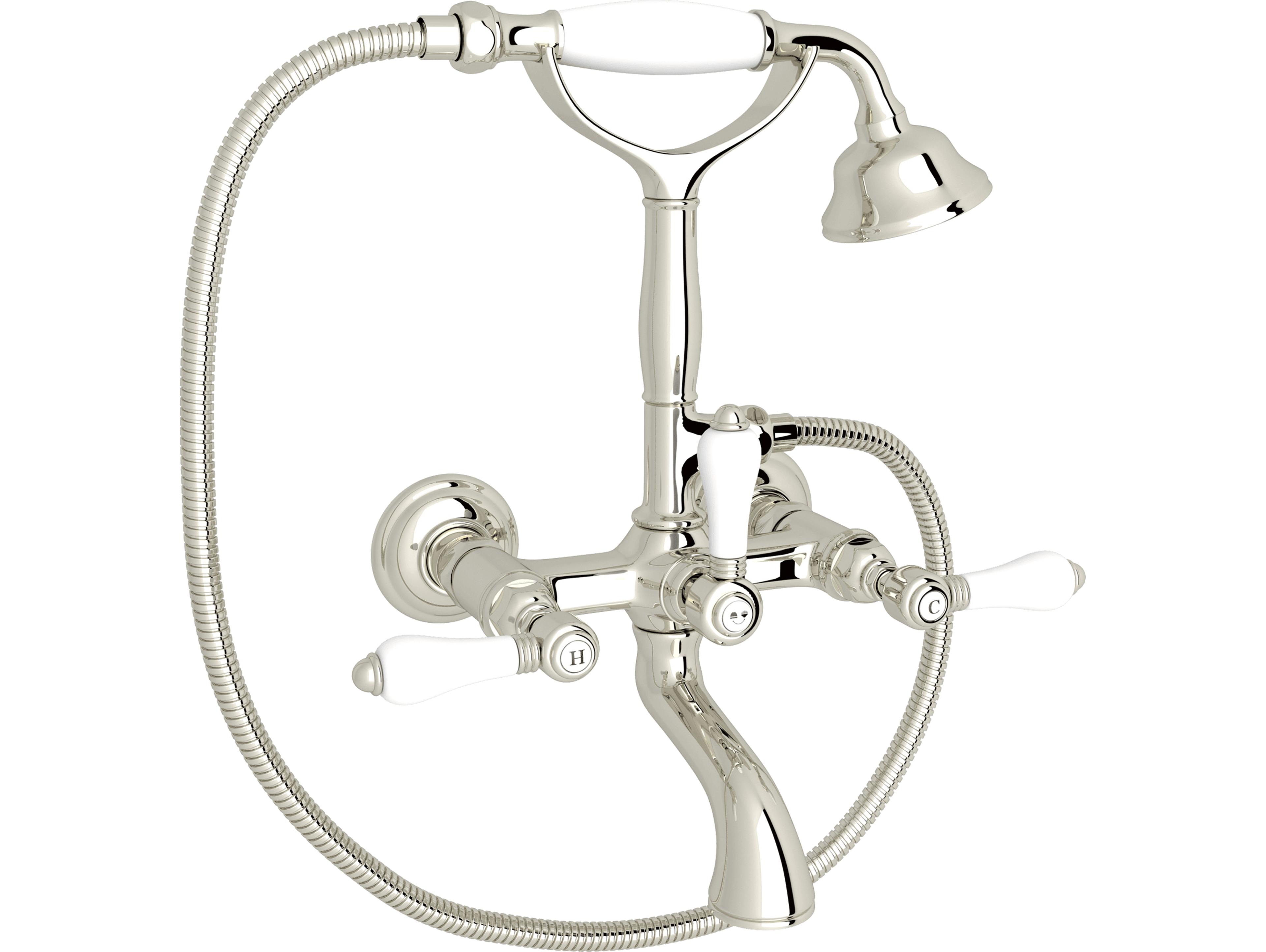 Rohl Italian Bath Exposed Wall Mounted Tub Shower Mixer In Polished Nickel With Porcelain Insert Handshower