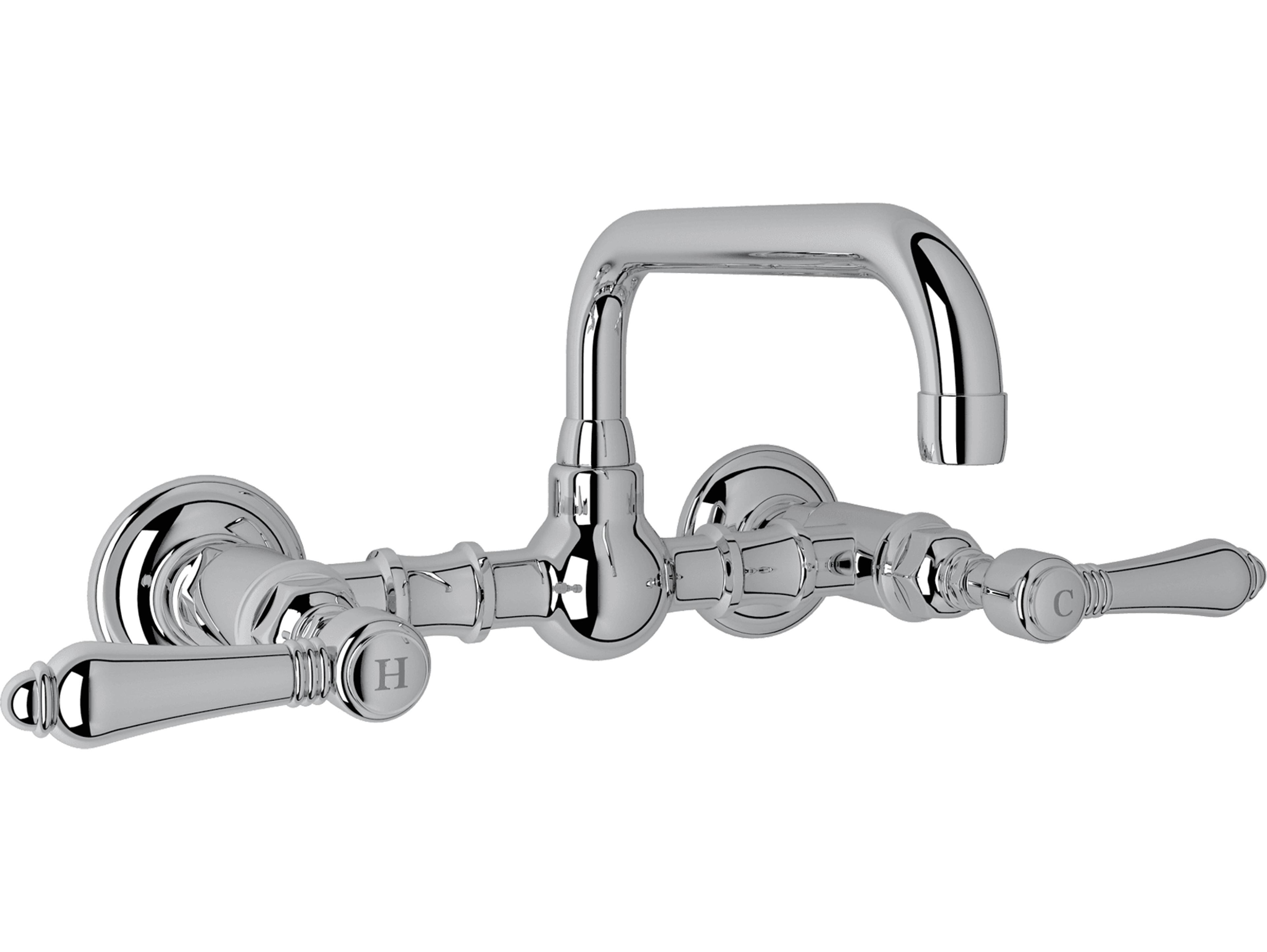 Rohl Acqui talian Bath Vocca Wall Mounted Bridge Lavatory Faucet In Polished Chrome With Metal Levers And High Swinging Spout