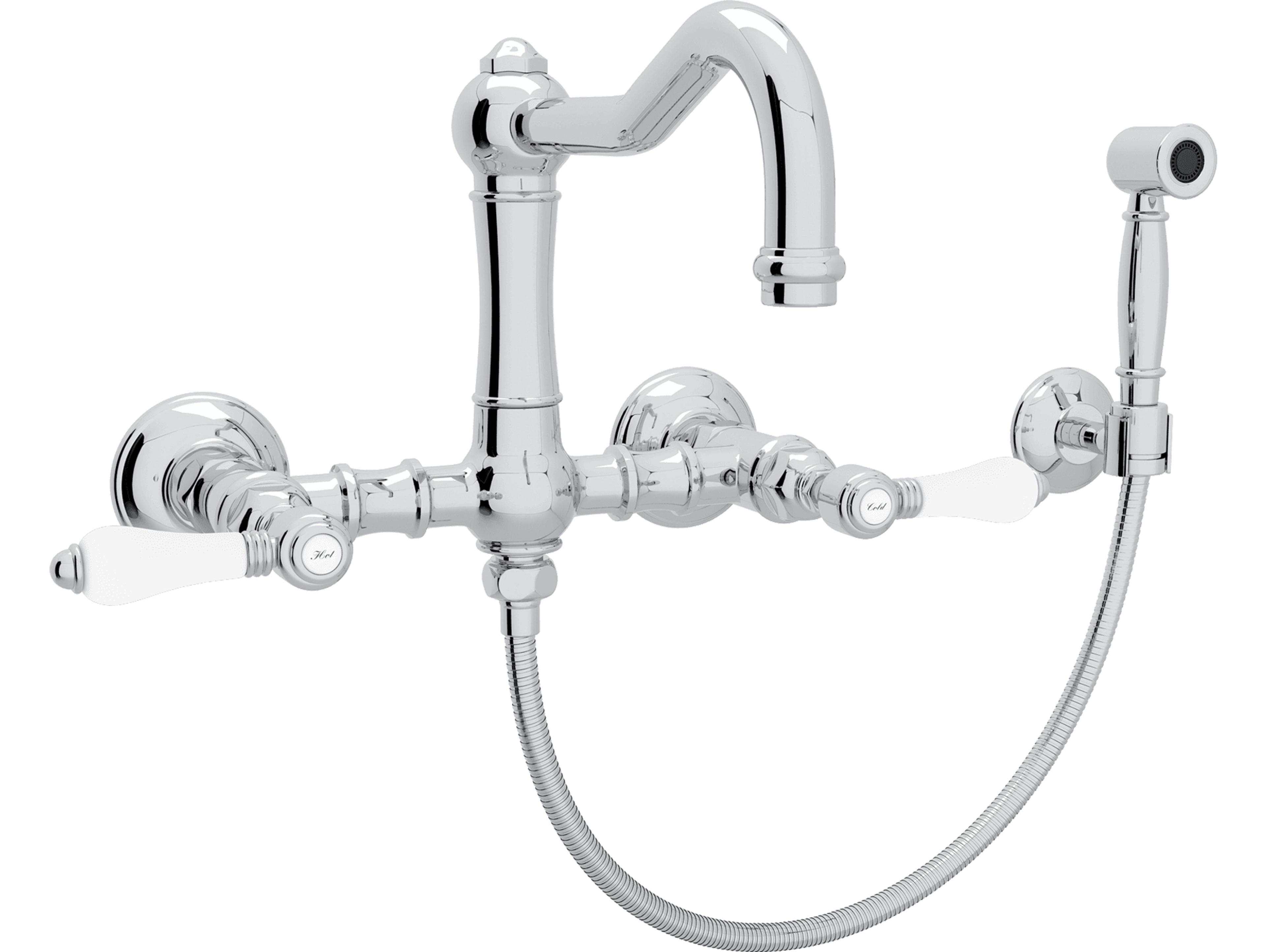 Rohl Acqui Italian Kitchen Wall Mounted Bridge Faucet with Sidespray Porcelain Levers and Swiveling Column Spout in Polished Chrome