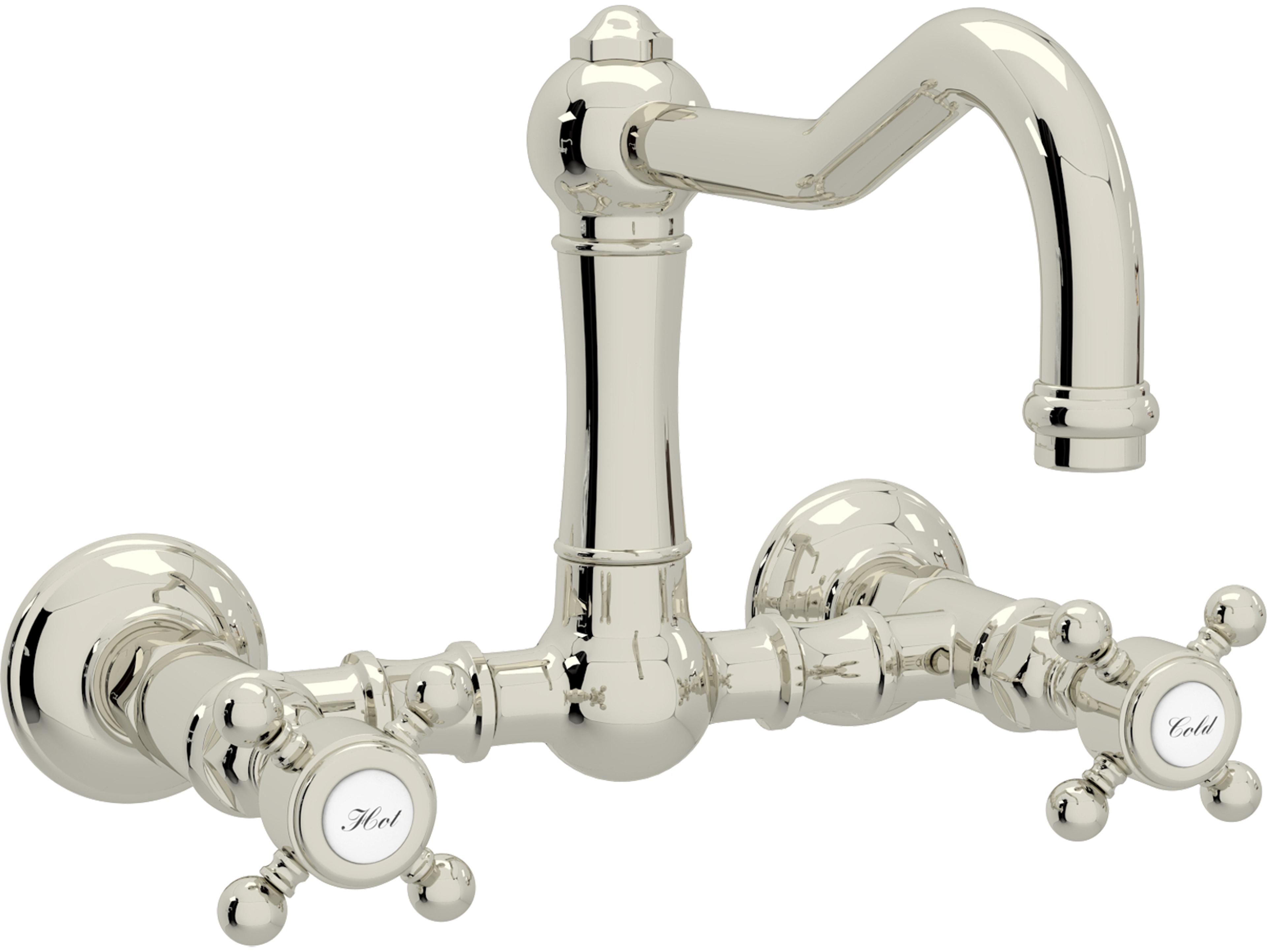 Rohl Acqui Italian Kitchen Wall Mounted Bridge Faucet In Polished Nickel With Cross Handle And Column Spout